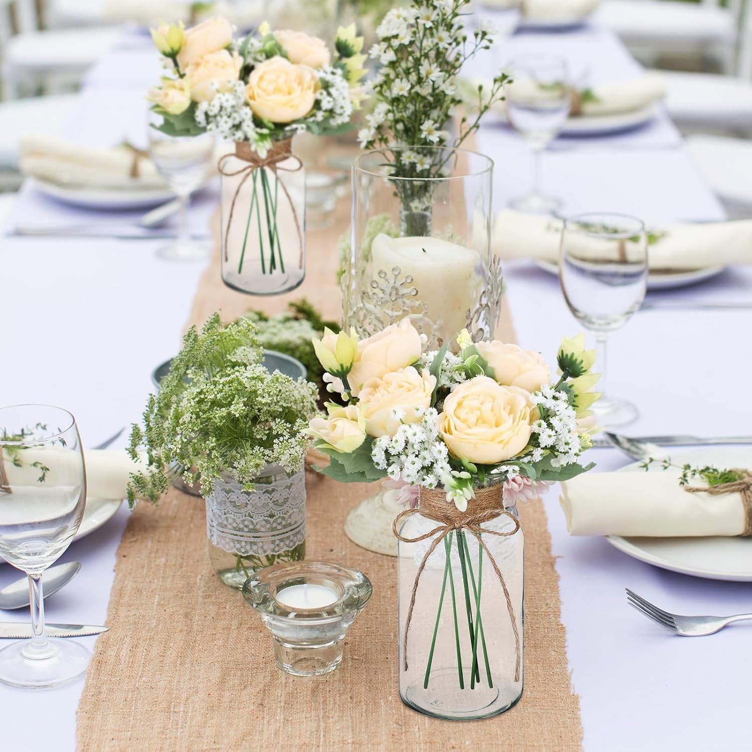6 Sets Mason Jar Table Centerpiece W/ Artificial Peony Baby’s Breath Flower