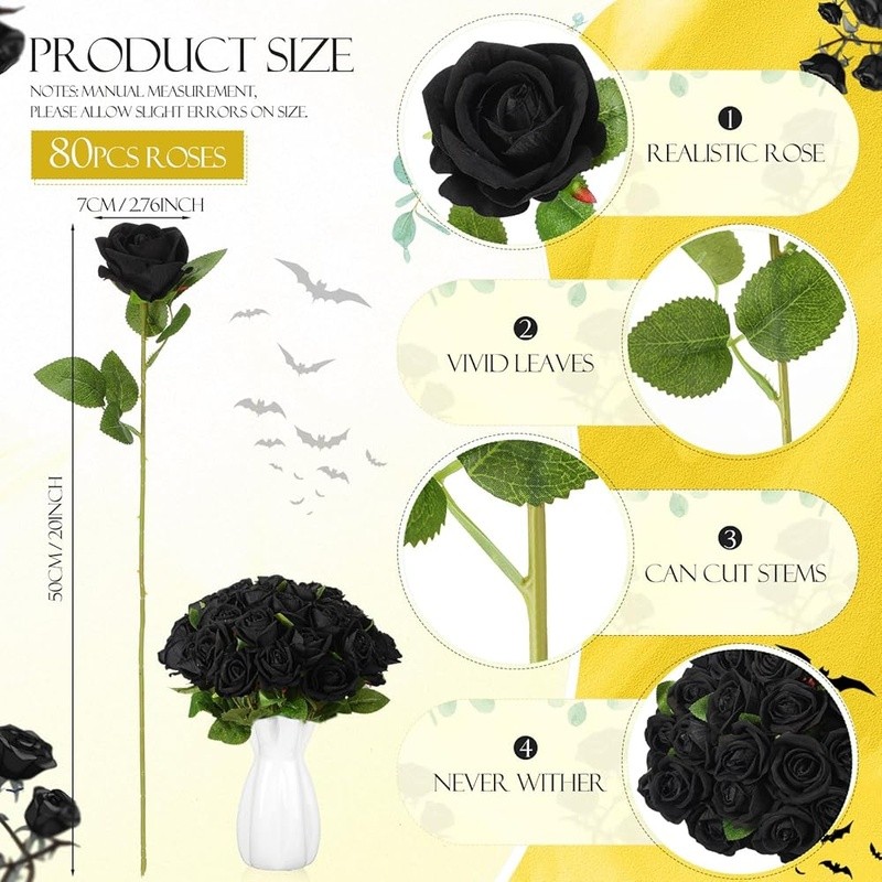 Artificial Black Roses Bulk Long Stem Silk Flowers Weddings Decor Centerpieces