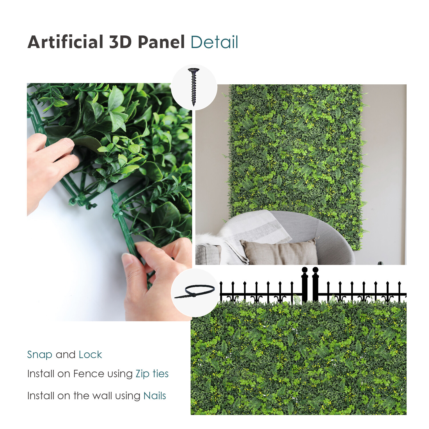 20″ Artificial Leaf Mat #11 3D Mixed Wall Hedge Decor Privacy Fence Panel Grass