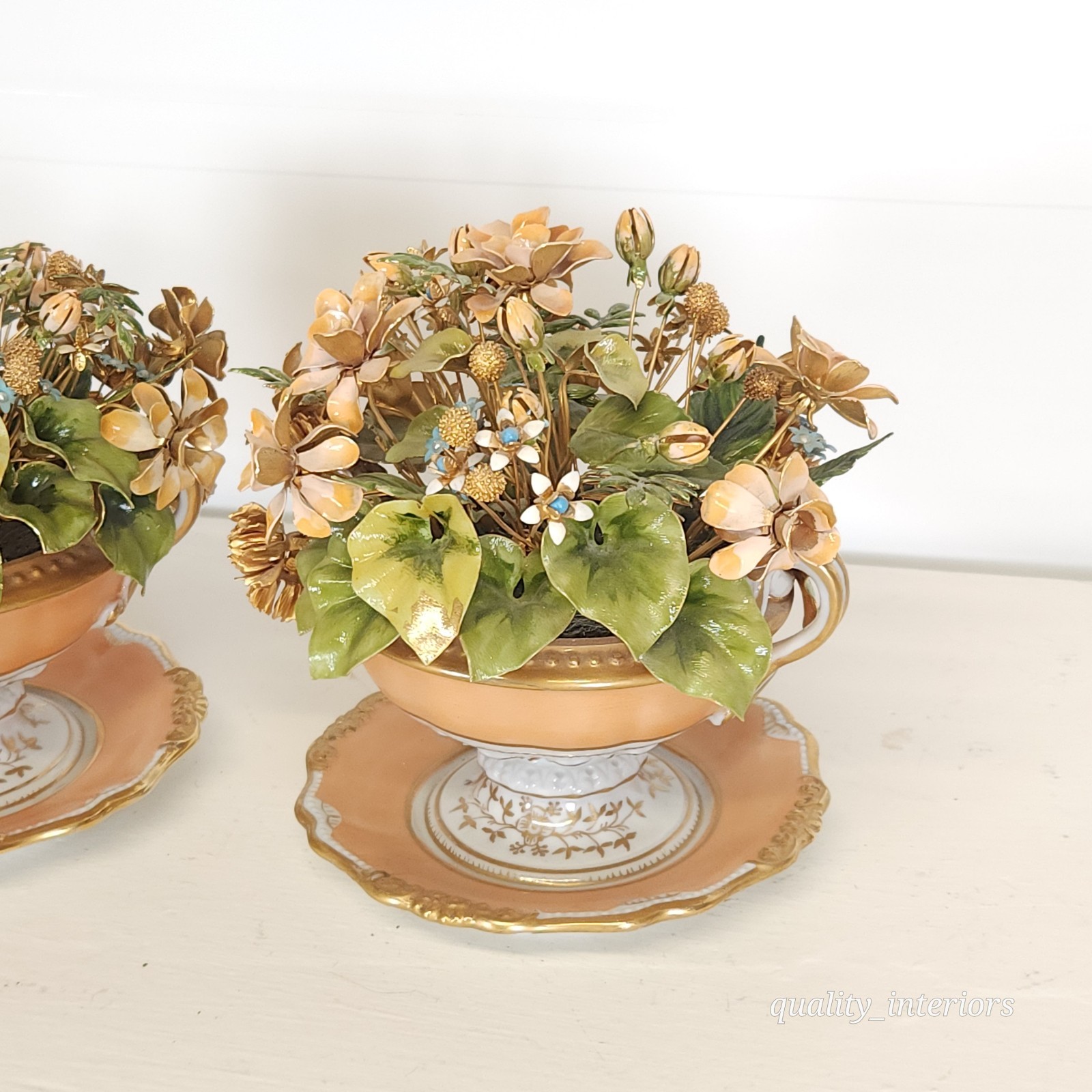 Pair Jane Hutcheson for Gorham Apricot Teacup & Saucer Floral Arrangement