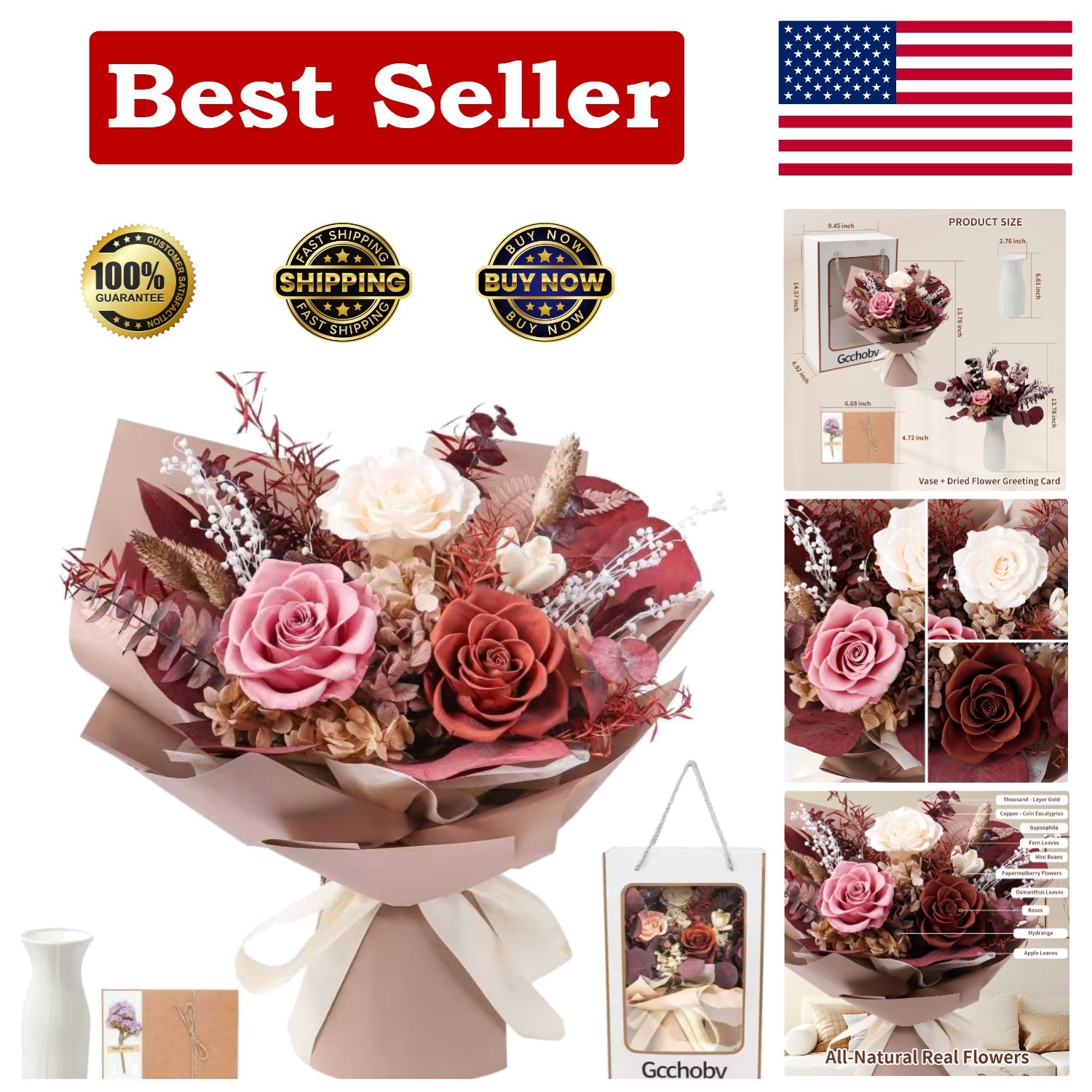 Natural Preserved Flowers Bouquet – -Round Caramel Elegance for Any Space