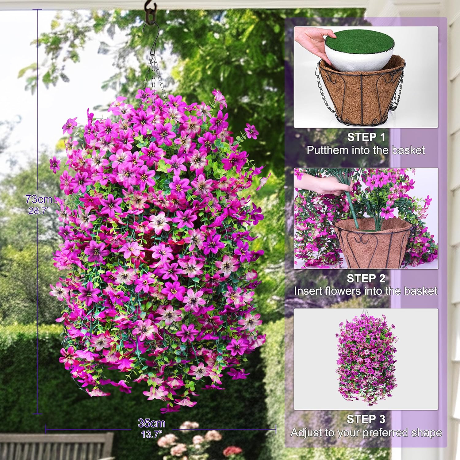 Artificial Hanging Flowers Decoration, 3Pcs Fake Floral Basket Plants for Outdoo