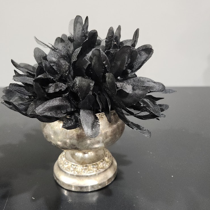 2 Old Silverplated footed bowls GOTHIC BLACK faux Floral arrangements DECOR 5″