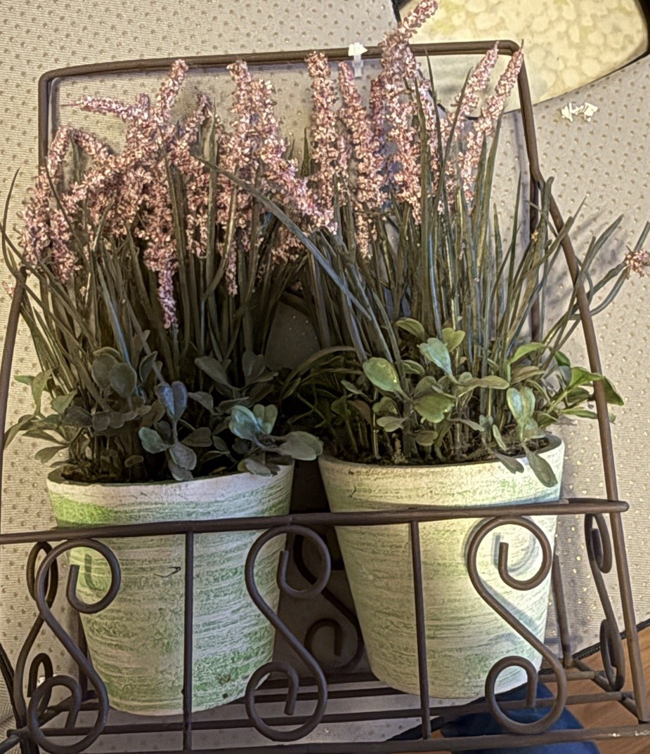 Farmhouse 9” Lavender Plants With Greenery In Pots With Rustic Metal Stand