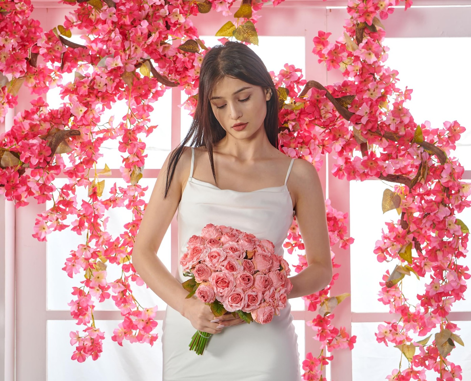 12pcs Pink Realistic Faux Silk Roses, Artificial Flower Bouquet, Home, Wedding