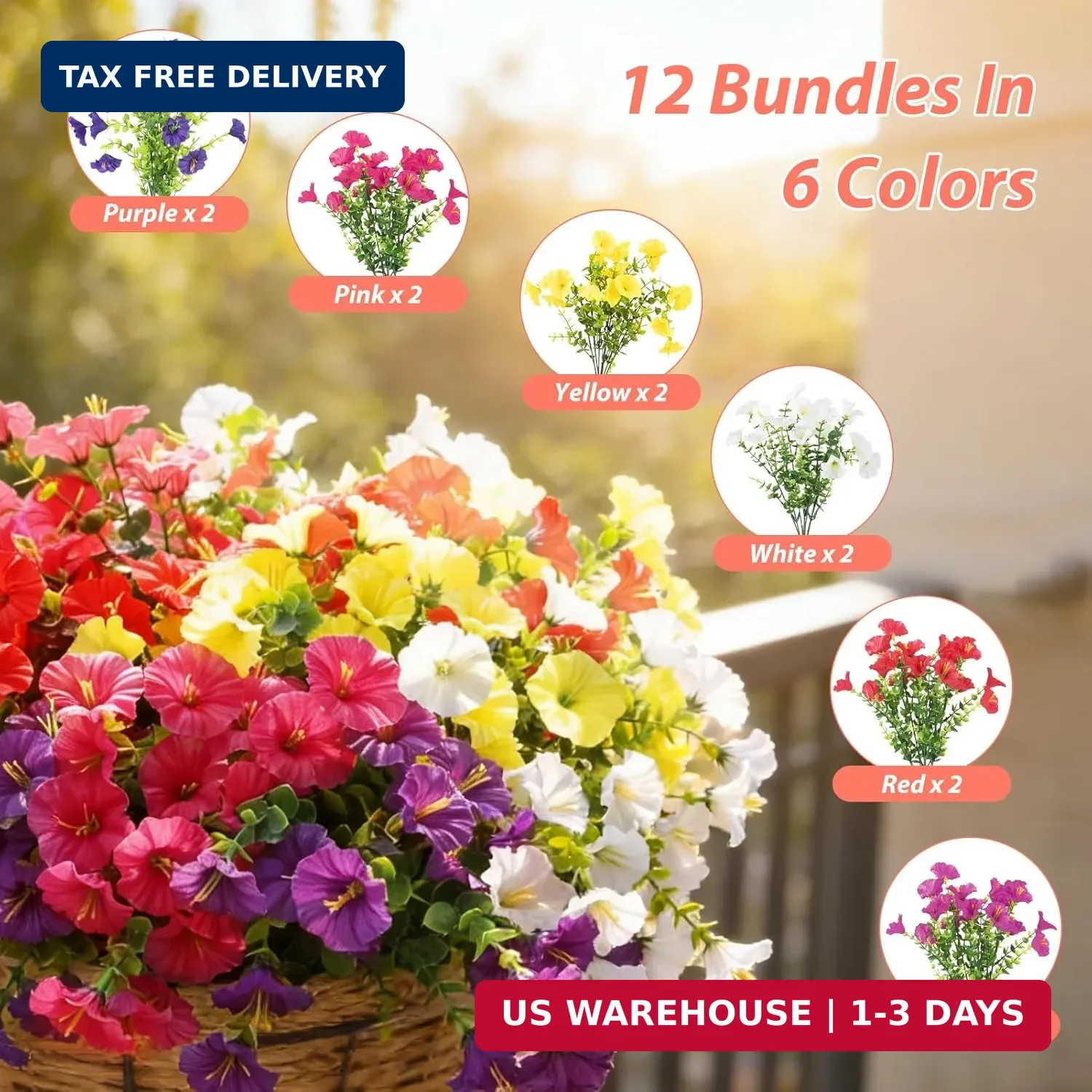 BSGlobal 12 Bundles Artificial Flowers for Outdoors Decoration, Faux Silk Mornin