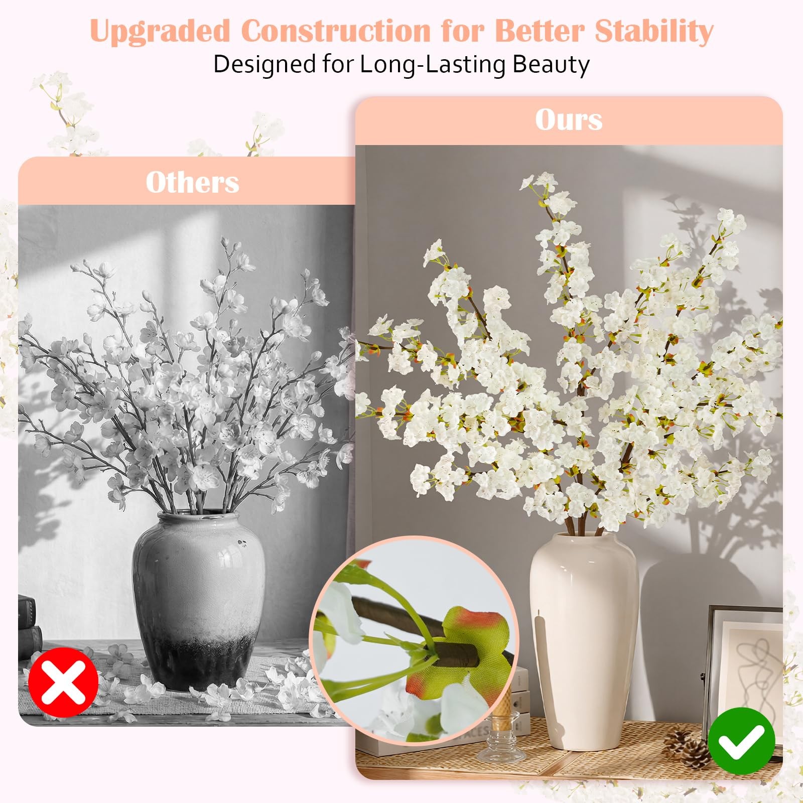 Silk Cherry Blossom Branches, 39.3in Artificial Cherry Blossom Tree Stems, Fa…