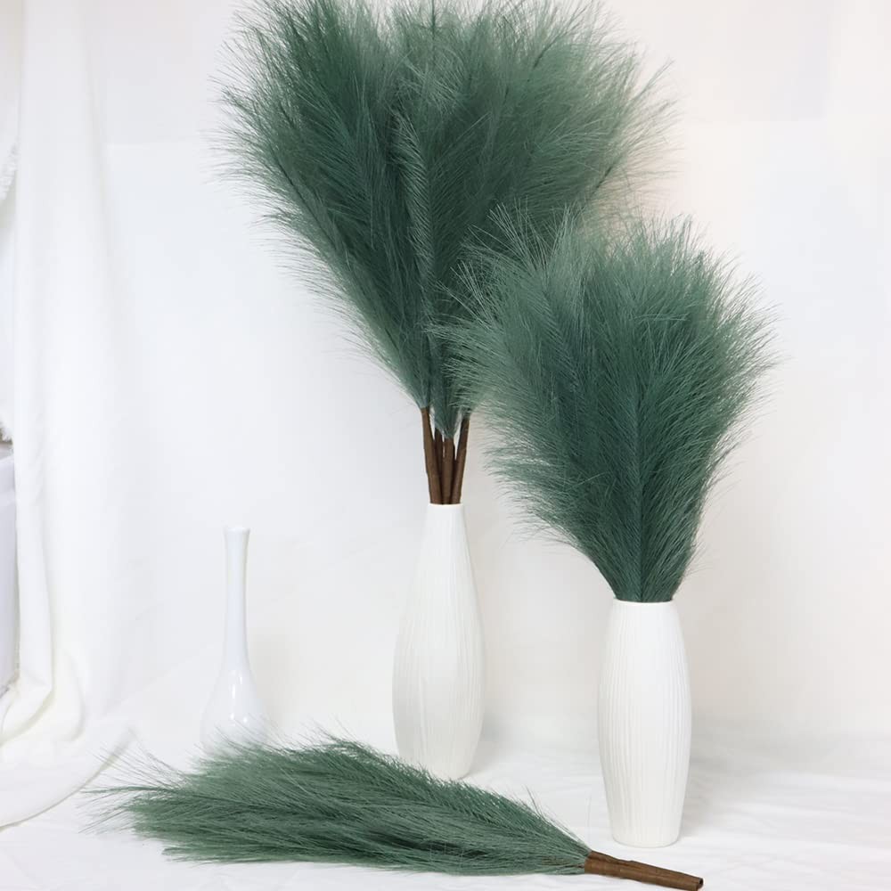 5 PCS 30″ Dark Green Pampas Grass Tall Fluffy, Detachable Faux Bulrush Reed G…