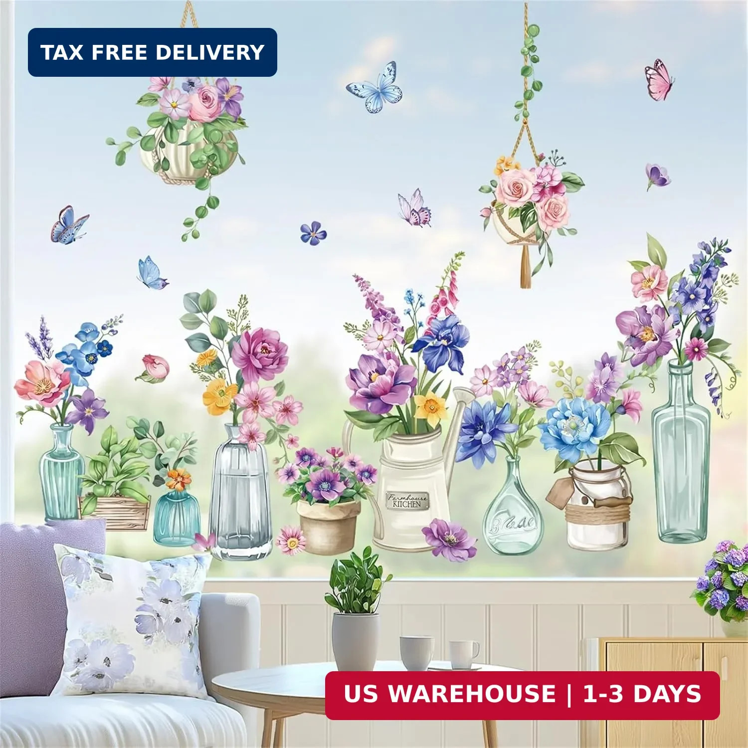 wondever Spring Summer Potted Flowers Window Clings Floral Vase Butterflies Glas