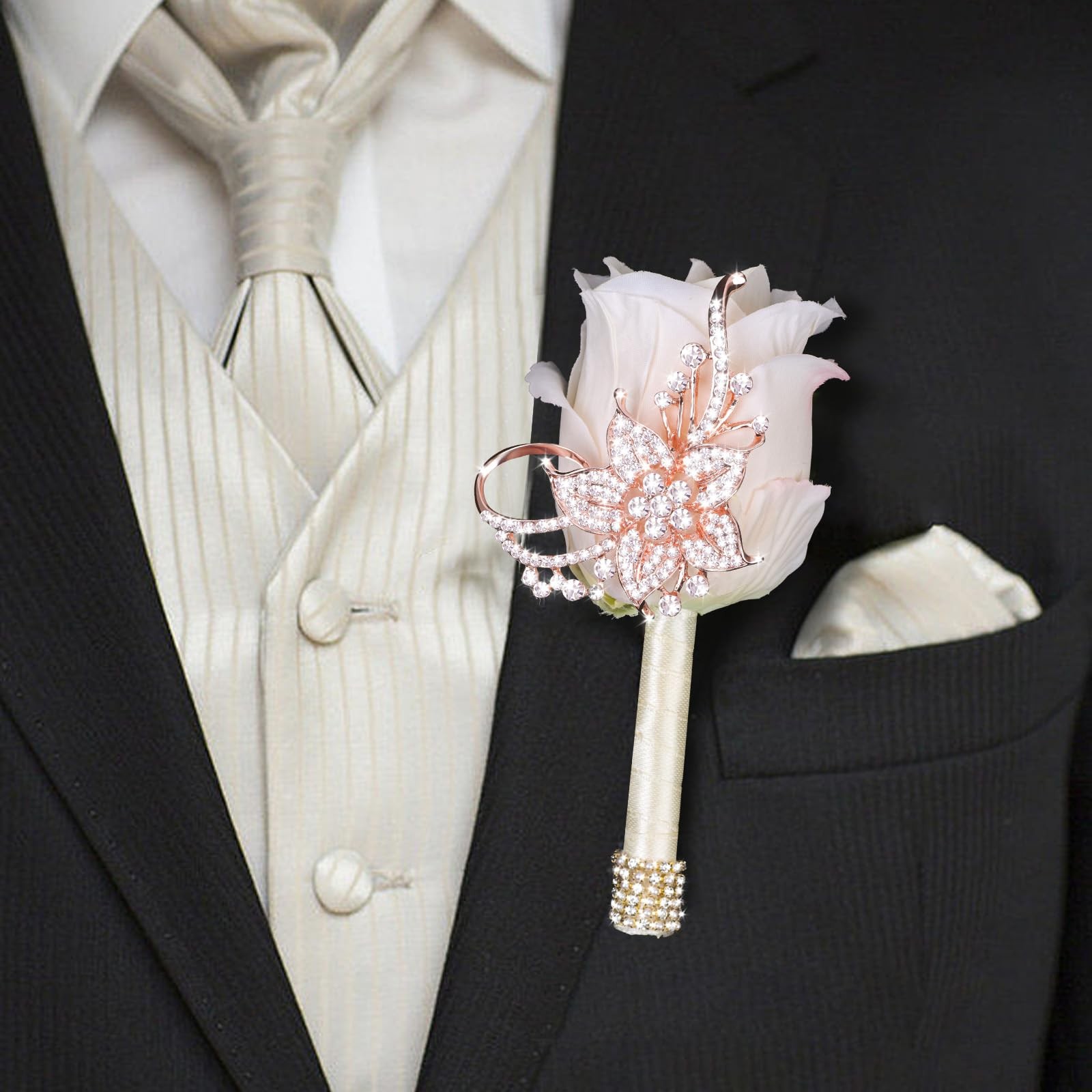 Bling Boutonniere Men Wedding Pocket Pins Groom Suit Artificial Rose Ivory