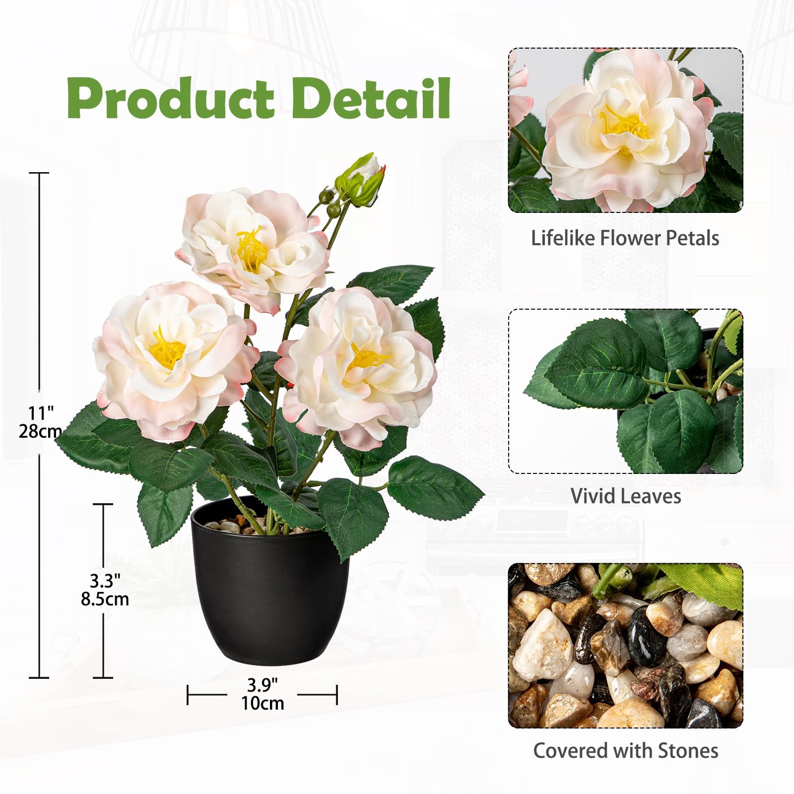 Artificial Pink Roses Potted Plant Silk Faux Flower Black Pot 11 Inch Decor
