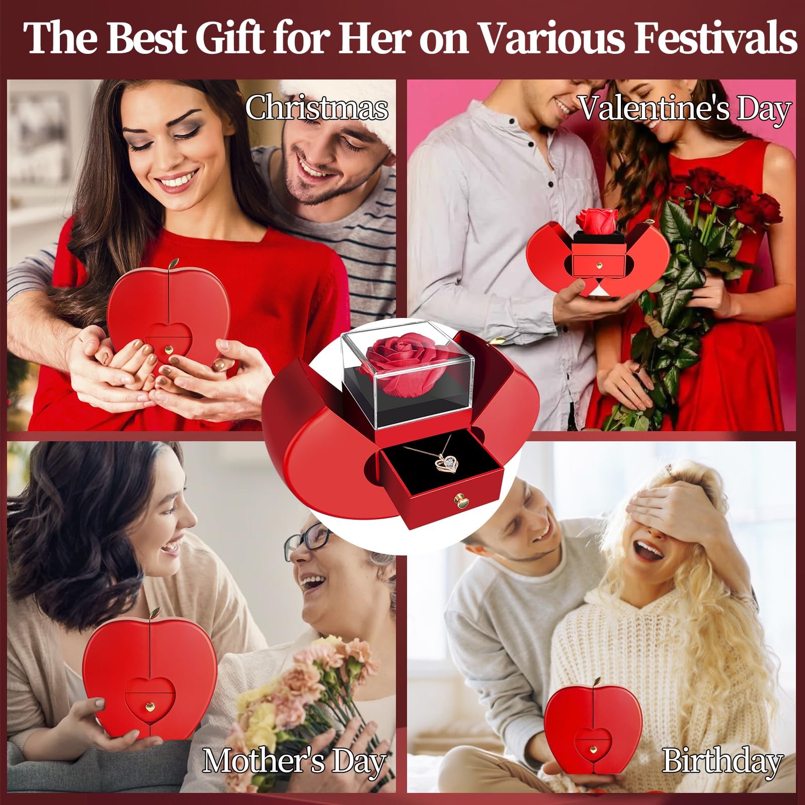 Preserved Flower Red Rose with Heart Necklace, Gifts for Mom, Girlfriend, Women,