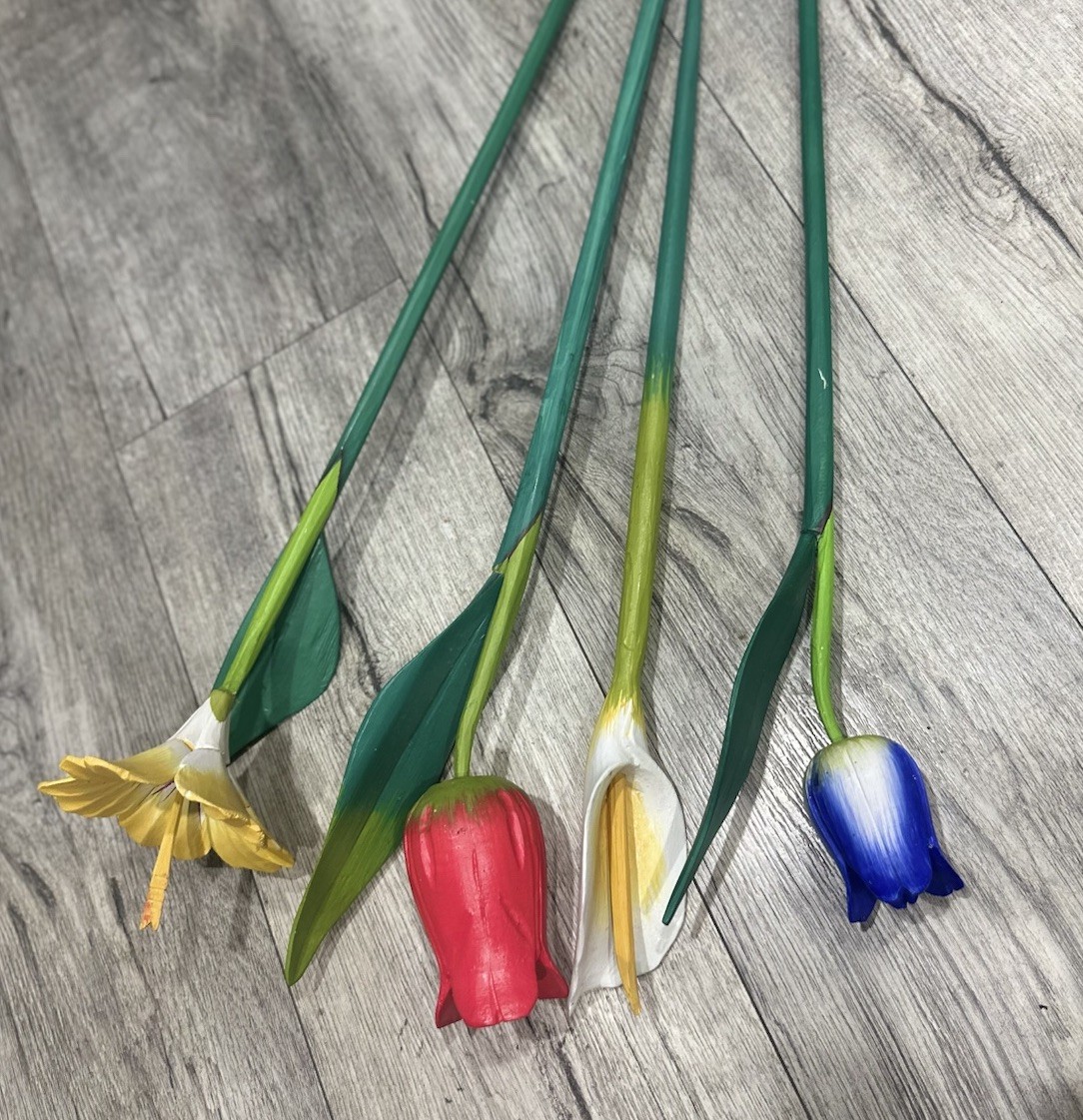 Wood Flowers Long Stem 9”- 31” floral arrangement Rose Tulip Lily Home Decor Lot