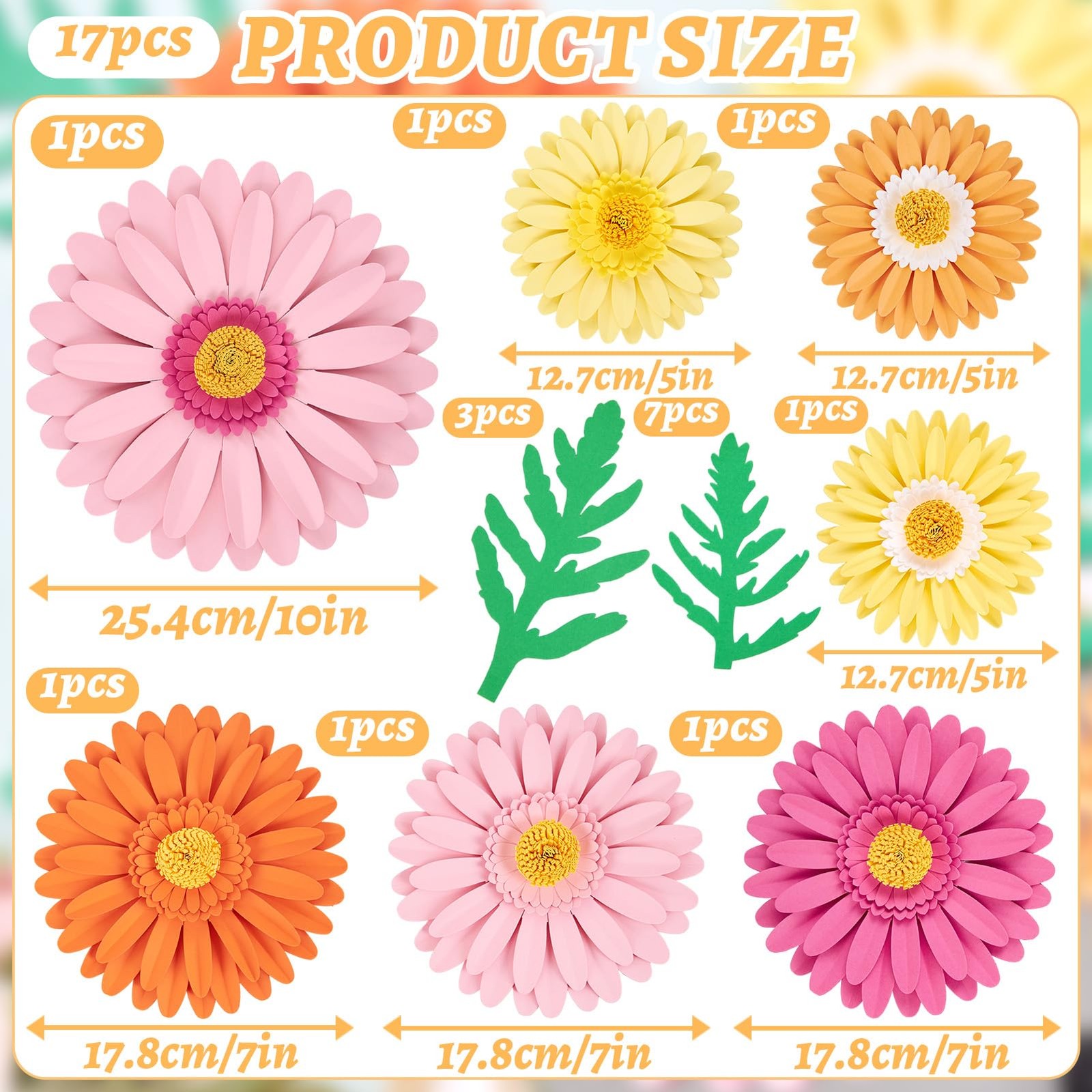 3D Paper Flowers Daisy Wall Decor Set Pink Orange Green Leaves 17pc 10in Large