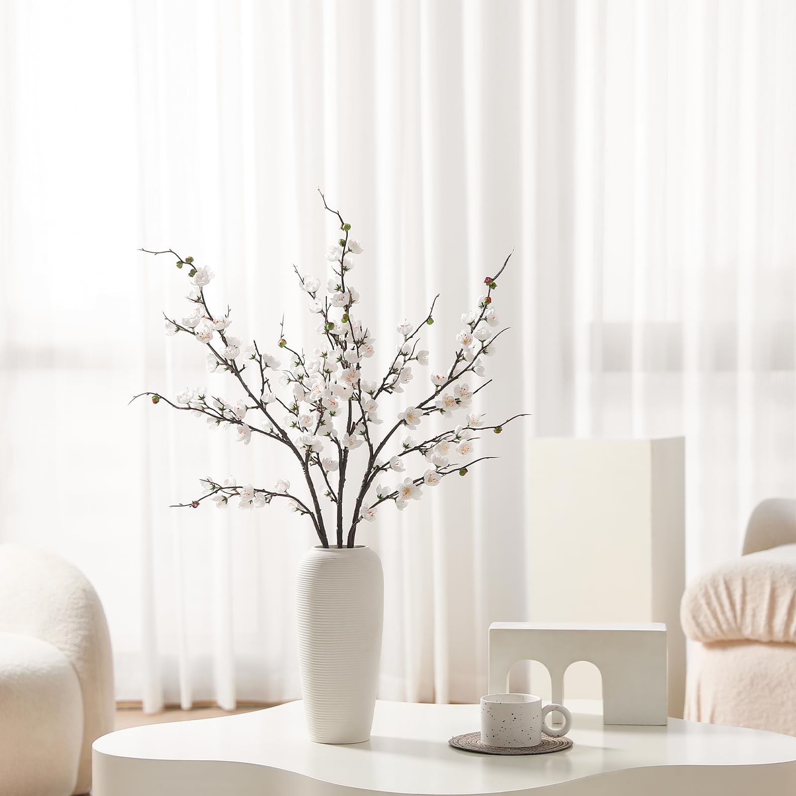 3 PCS Artificial White Cherry Blossom Branches 37.8″ Faux Silk Flowers