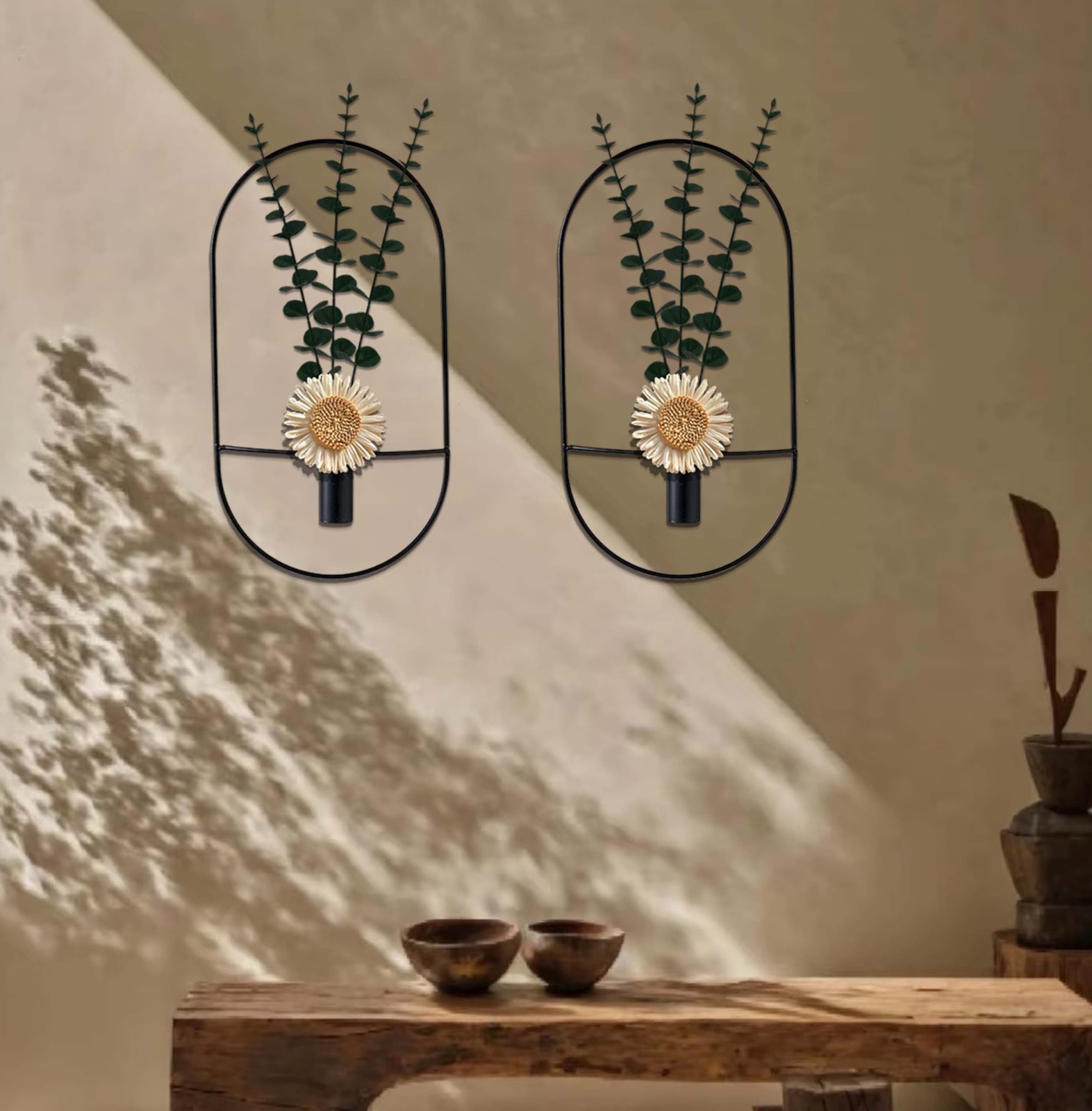 2 Pack Black Metal Wall Hanging Vase with Artificial Plants, Metal Plants Dec…
