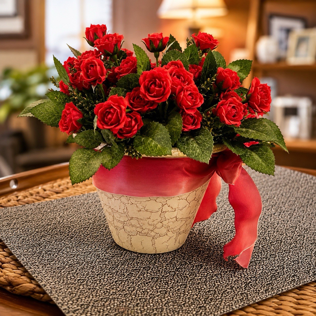 Red Rose Floral Arrangement in Crackle Pot Faux Silk Flowers Valentine Decor