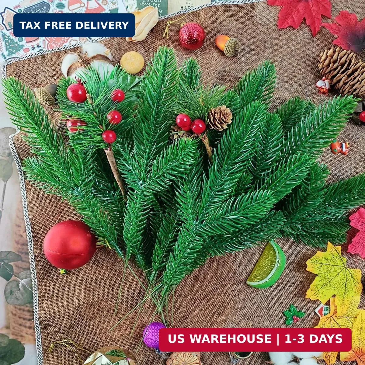 TIHOOD 25PCS 10 Inches Artificial Pine Branches Garland Green Plants Needles Fak