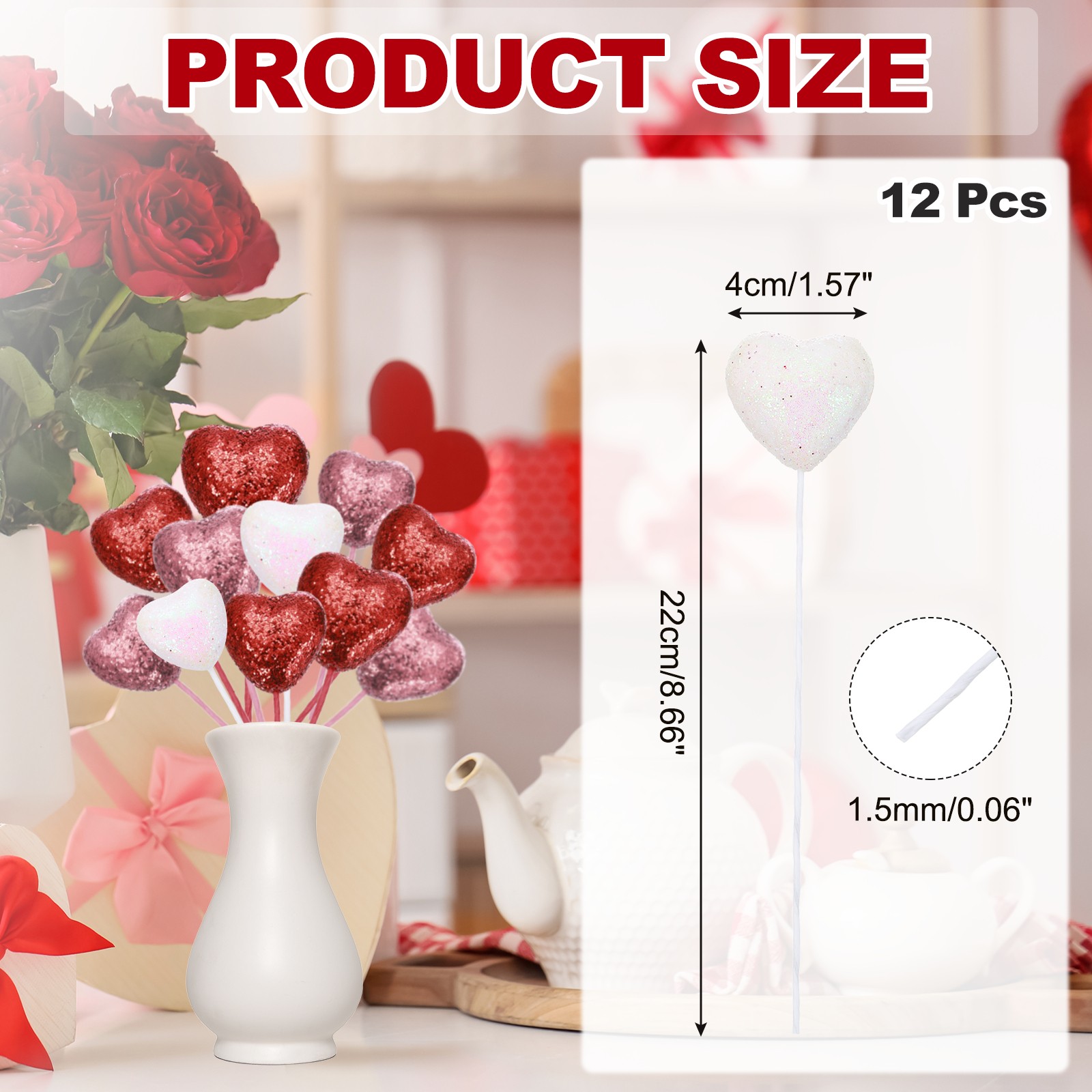12 Pcs Glitter Heart Shaped Picks Puffy Foam Hearts Stick (White, 4cm x 22cm)