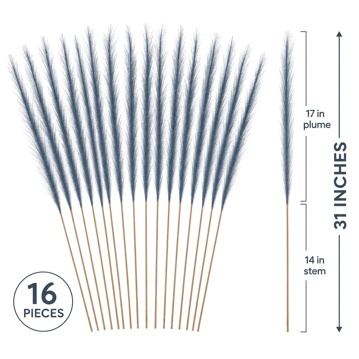 Slate Blue Faux Pampas Grass Stems, 16-Piece 31-Inch Wispy Synthetic Floor Vase