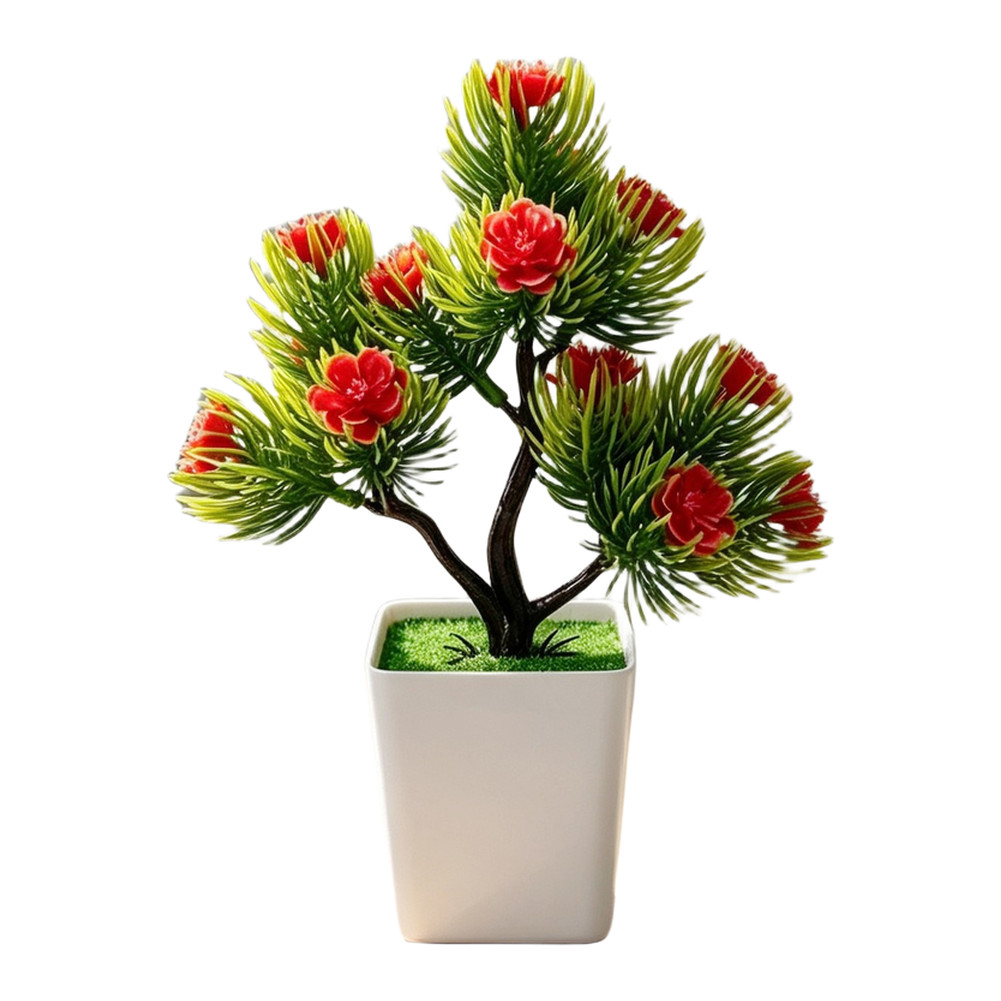 Plastic Pine Bonsai with Purple Blossoms 14 Branches 17cm Indoor Decor