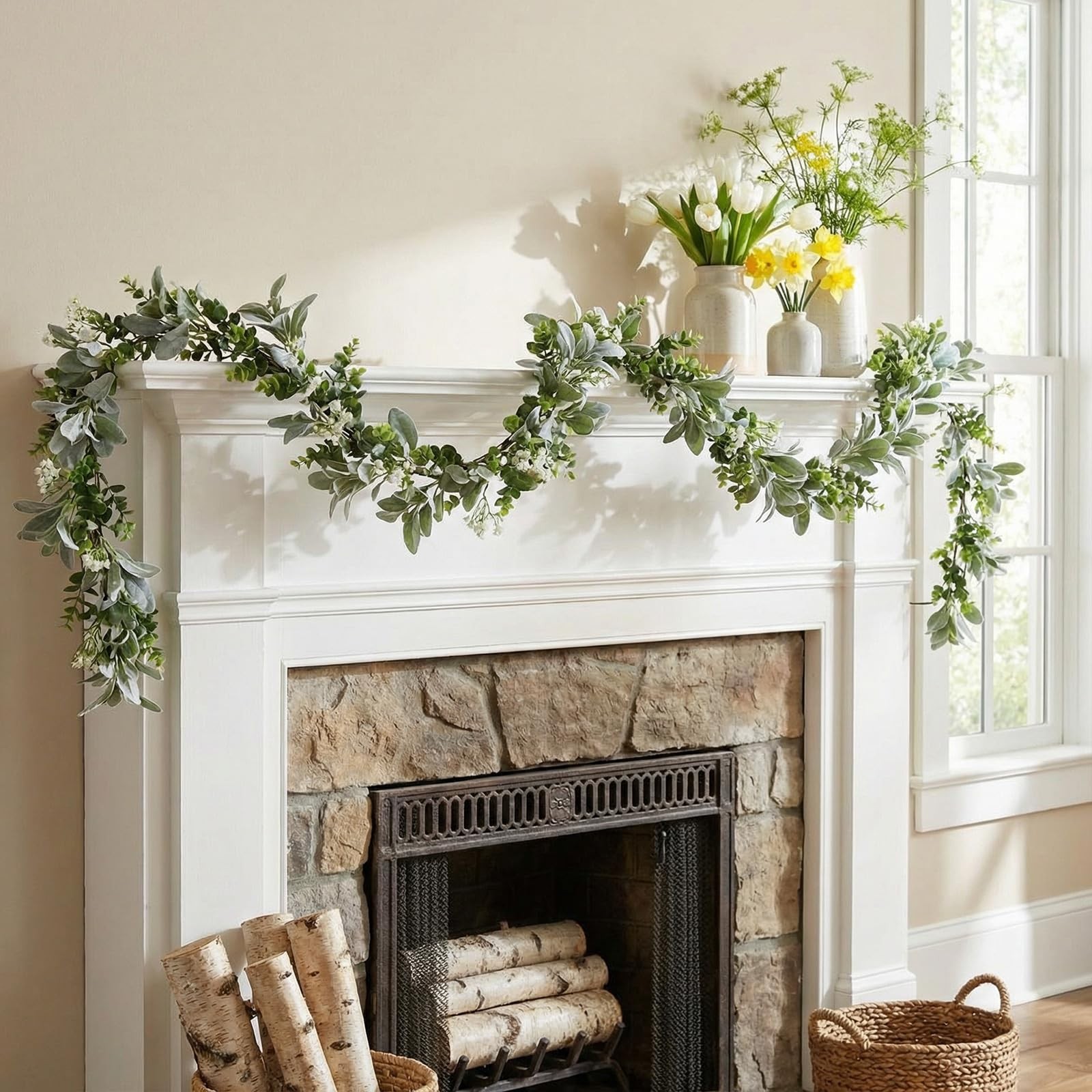 6 ft Artificial Eucalyptus Garland and Flocked Lambs Ear with Daisy Flower, E…