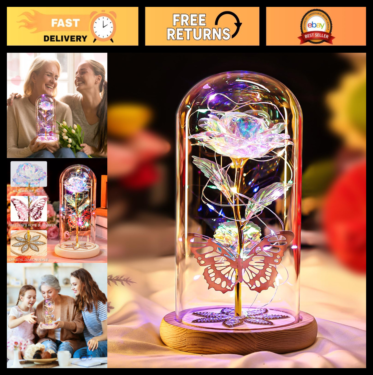 Light Up Glass Dome Rose – Preserved Colorful Flowers for Mother’s Day Gifts, An
