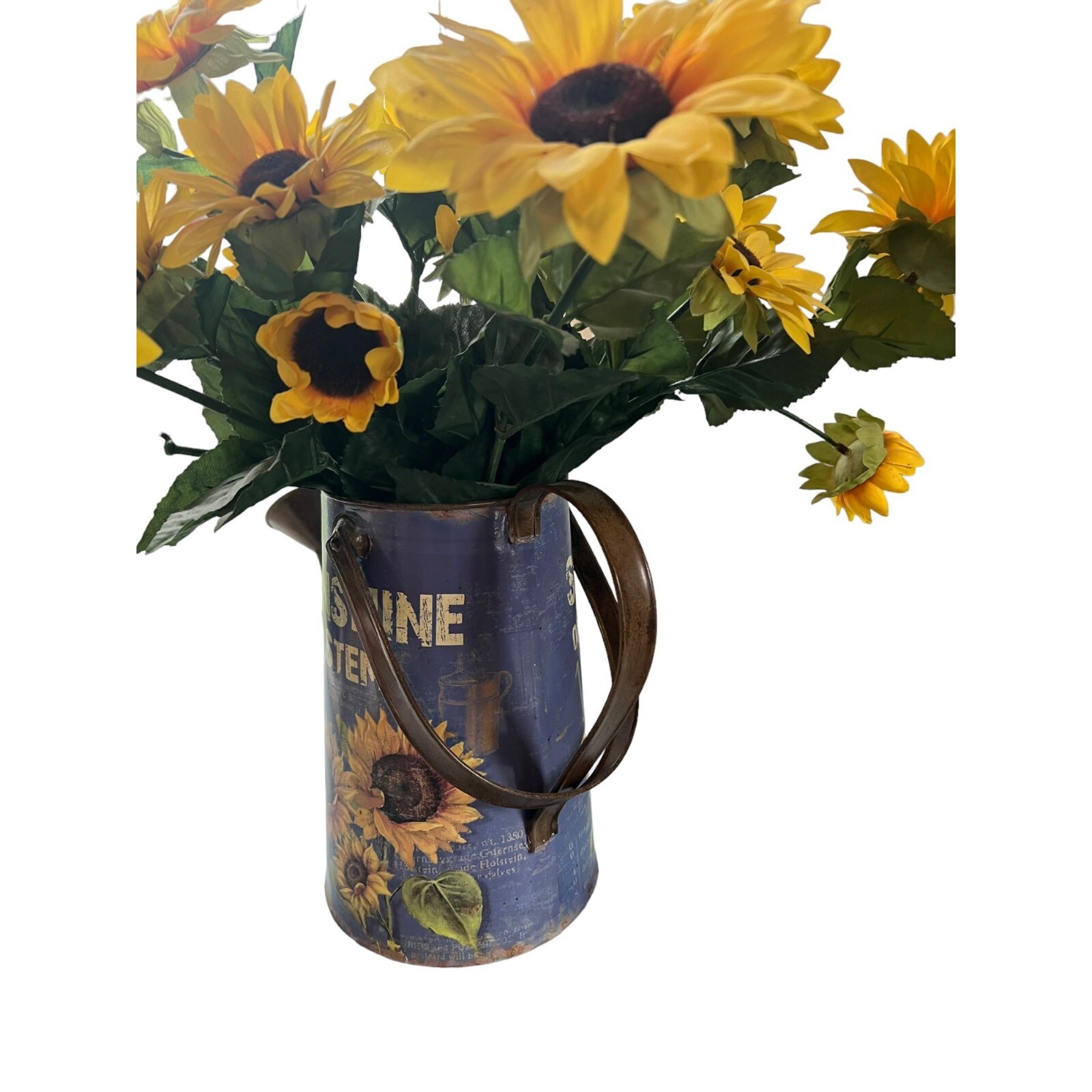 Sunflower Faux Flower Arrangement Metal Watering Can 19″ tall
