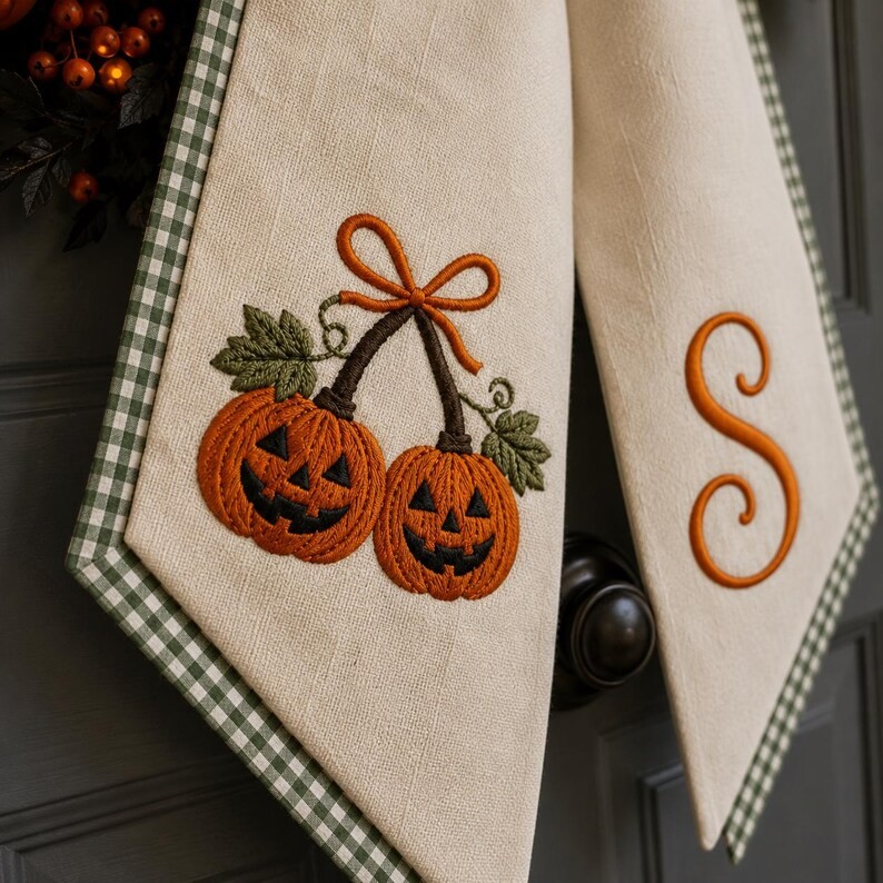 Custom Embroidered Monogrammed Halloween Pumpkin Wreath Sash Spooky Fall Decor