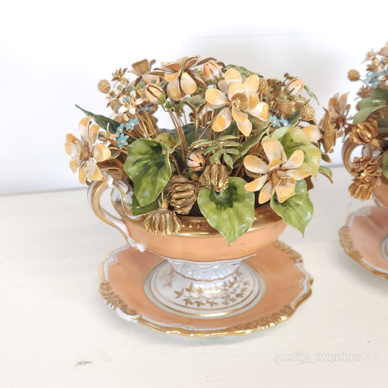 Pair Jane Hutcheson for Gorham Apricot Teacup & Saucer Floral Arrangement