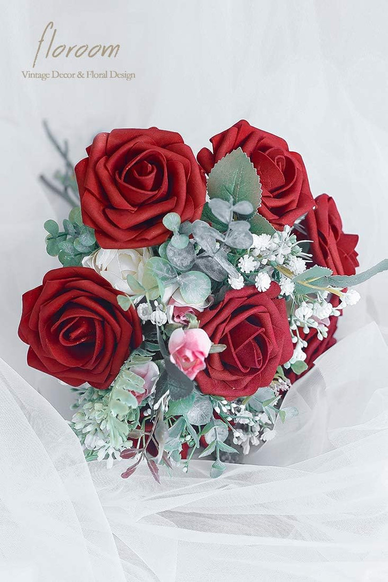 Artificial Flowers 25pcs Real Looking Dark Red Foam Fake Roses with Stems for…