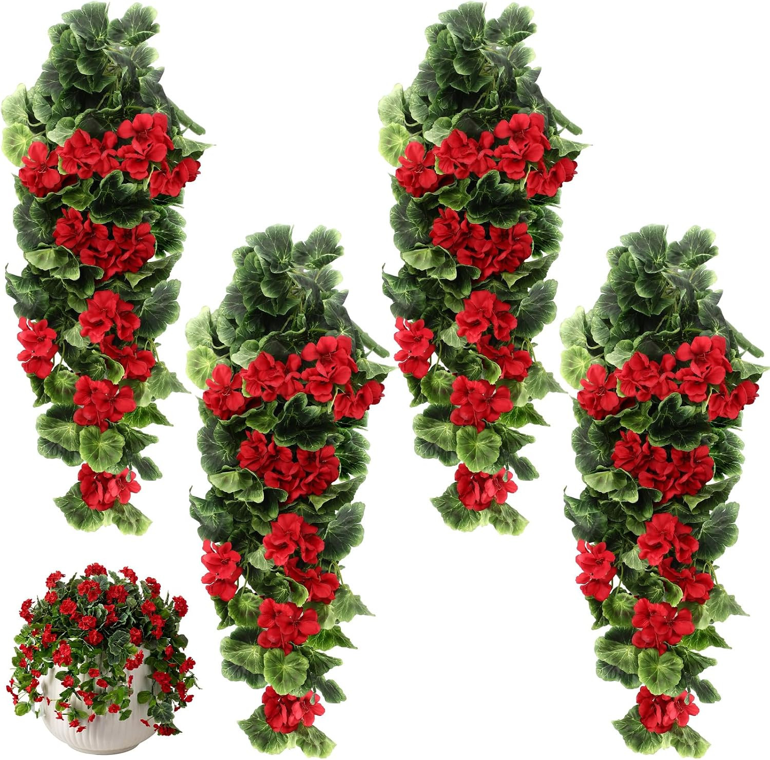 4 Pack Red Artificial Geraniums for Home, Garden, Wedding & Patio Decor