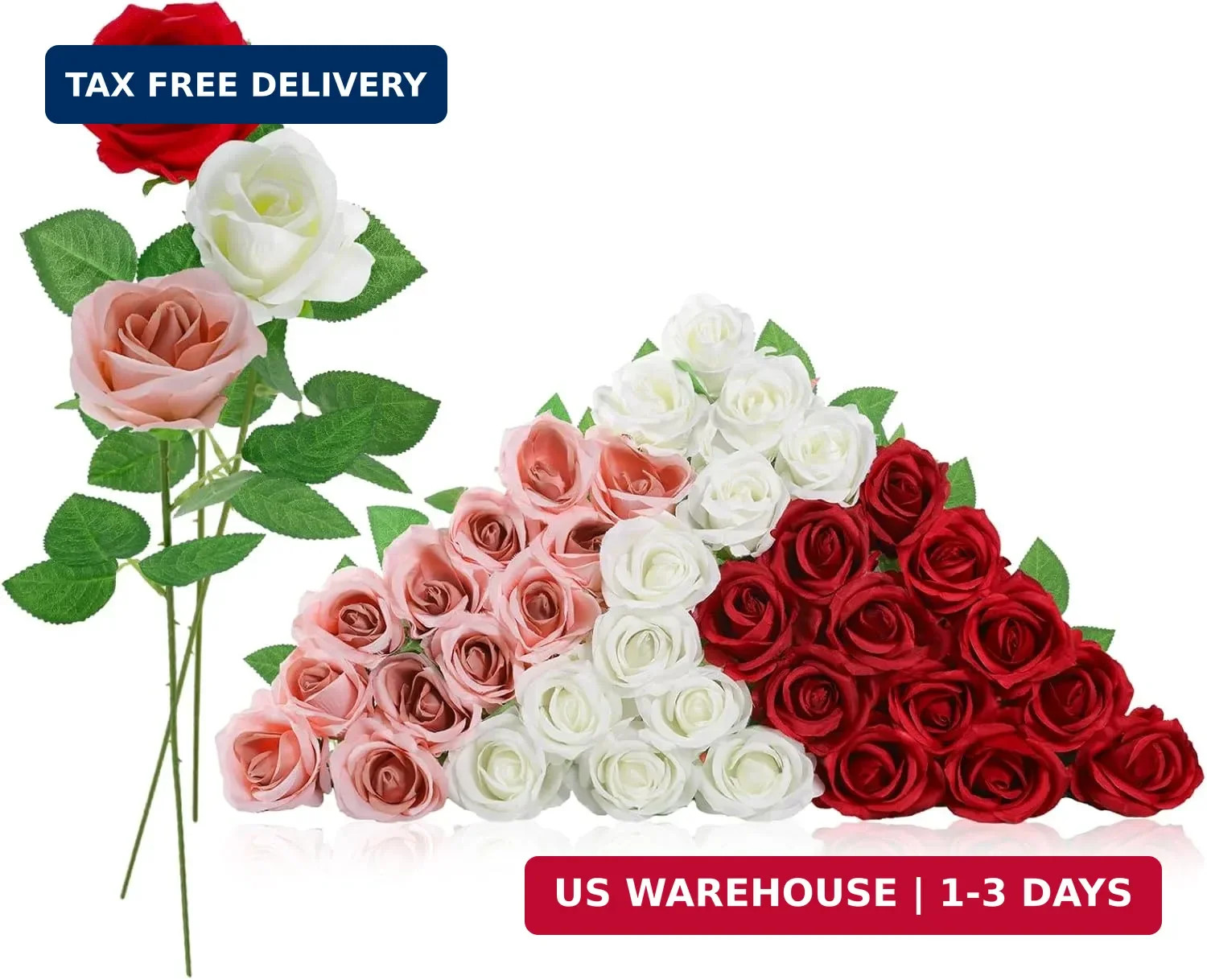 36 Pcs Red White Pink Artificial Roses with Long Stems, Fake Silk Rose Artificia