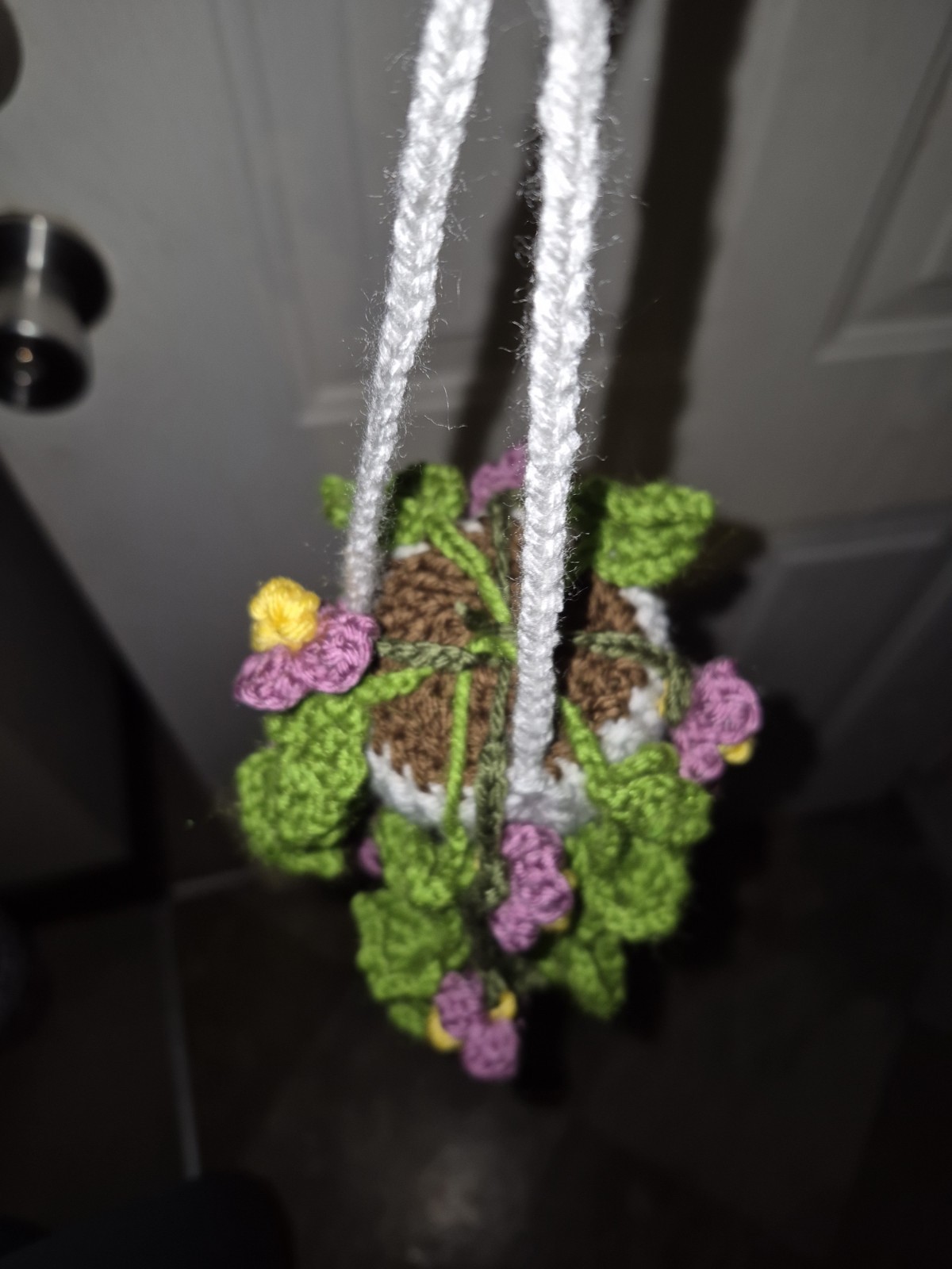 Crochet Yarn Artificial Hanging Plant, Green Leaves Purple Yellow White Flowers