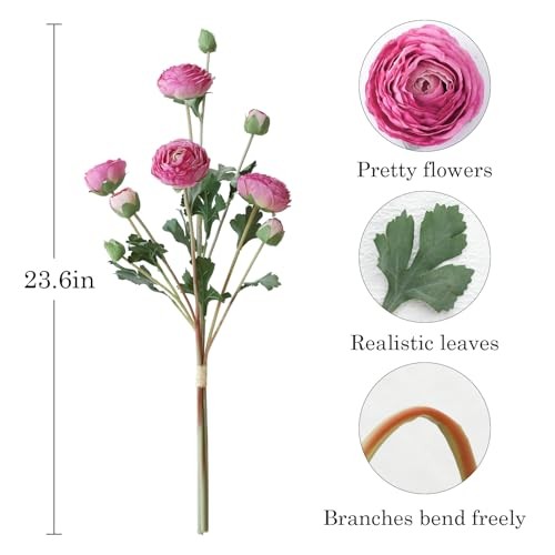 6Pcs Realistic Silk Ranunculus Artificial Flowers Long Stems, 23.6″ Tall Purple