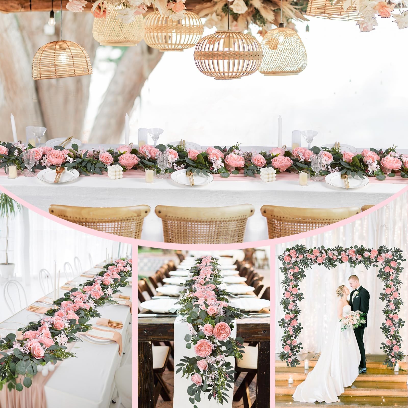 2Pcs 6ft Artificial Peony Flower Garland with Eucalyptus – Wedding Party Decor