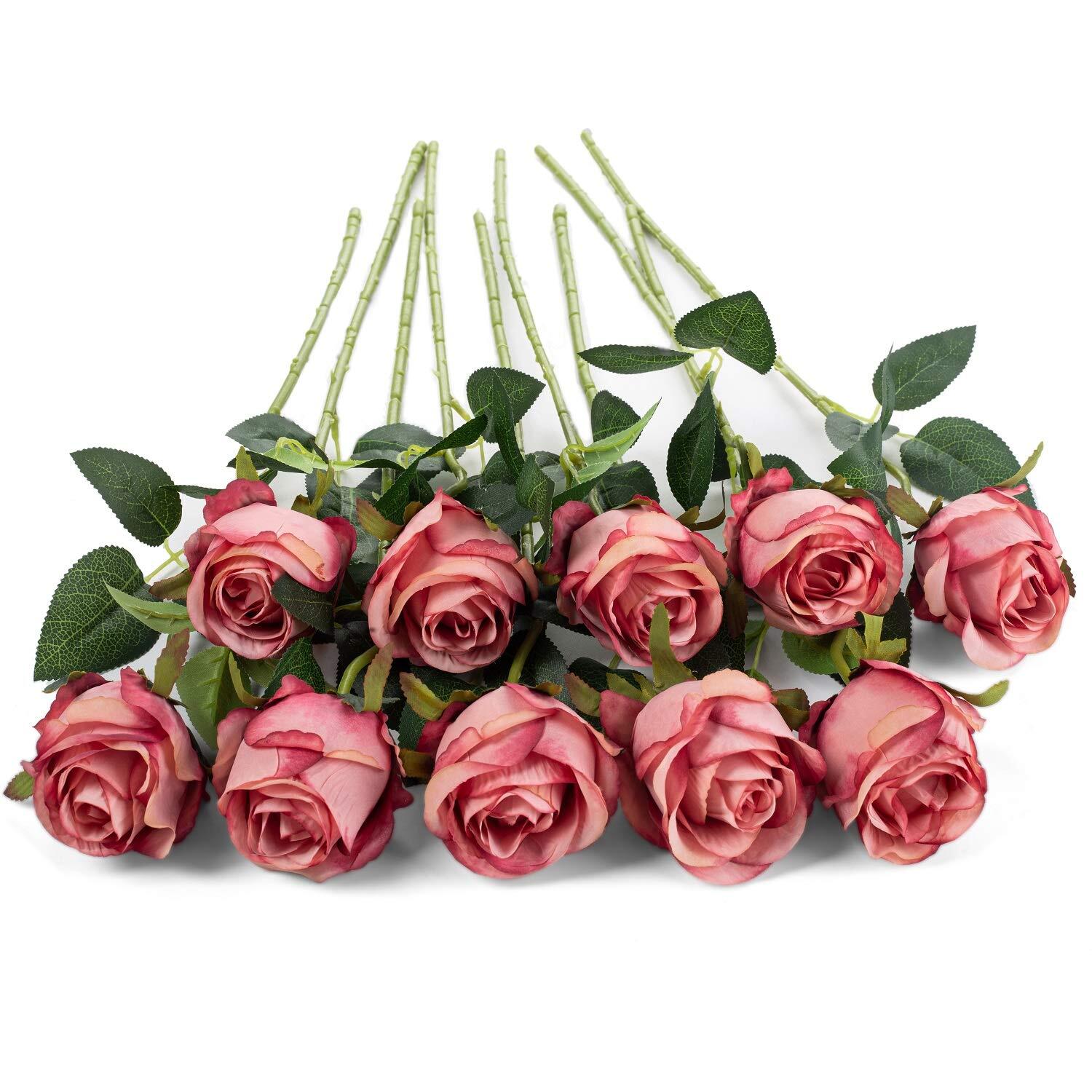 Flojery 10pcs Artificial Rose Flowers Long Stem Fake Silk Roses for DIY Weddi…