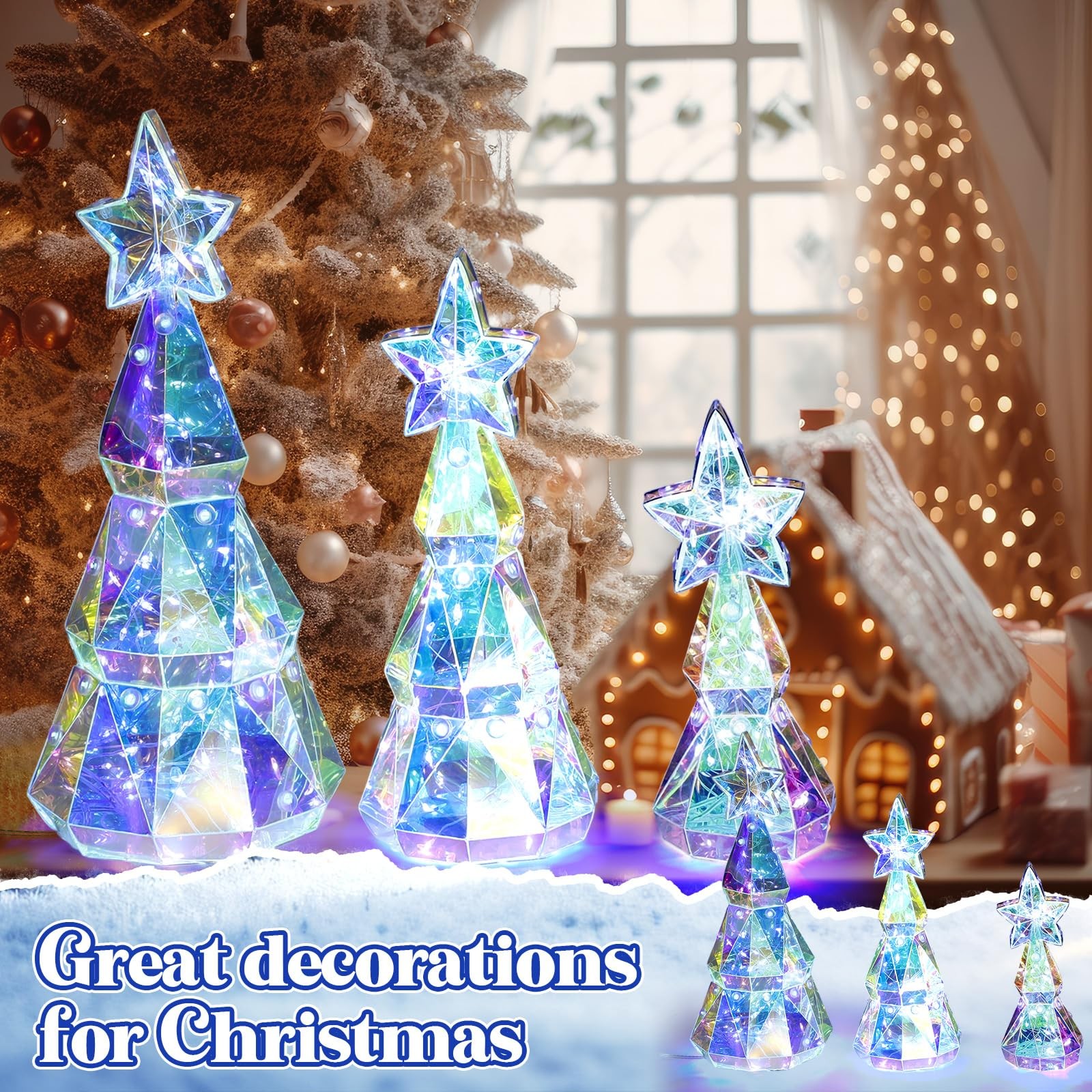 Gemscream Set of 3 Size Prismatic Iridescent Christmas Trees with LED Lights …