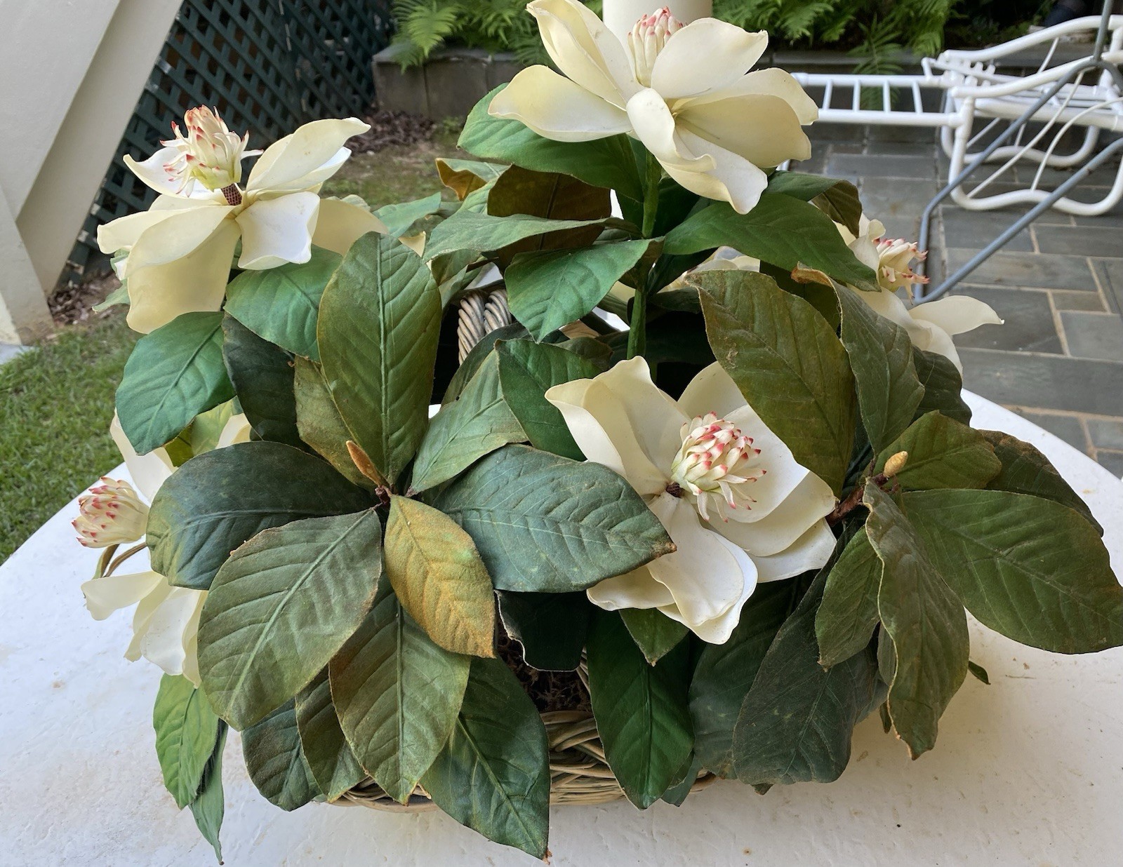 NDI Arrangement Large Basket Of Magnolias Vintage Approx 24”X20” Very Realistic