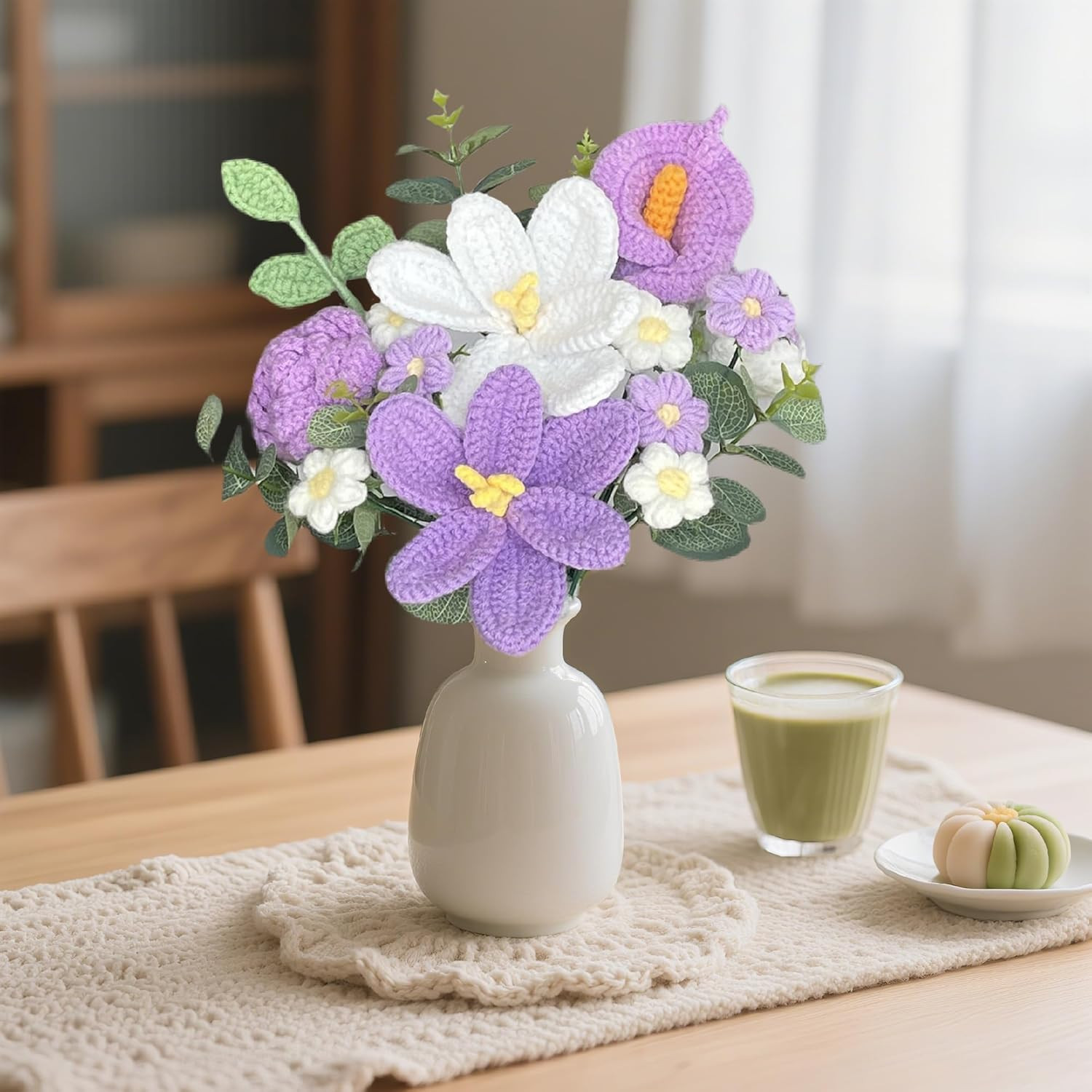 Crochet Flower Bouquet, Purple Handmade Knitted Flower, Crochet Rose Tulips C…