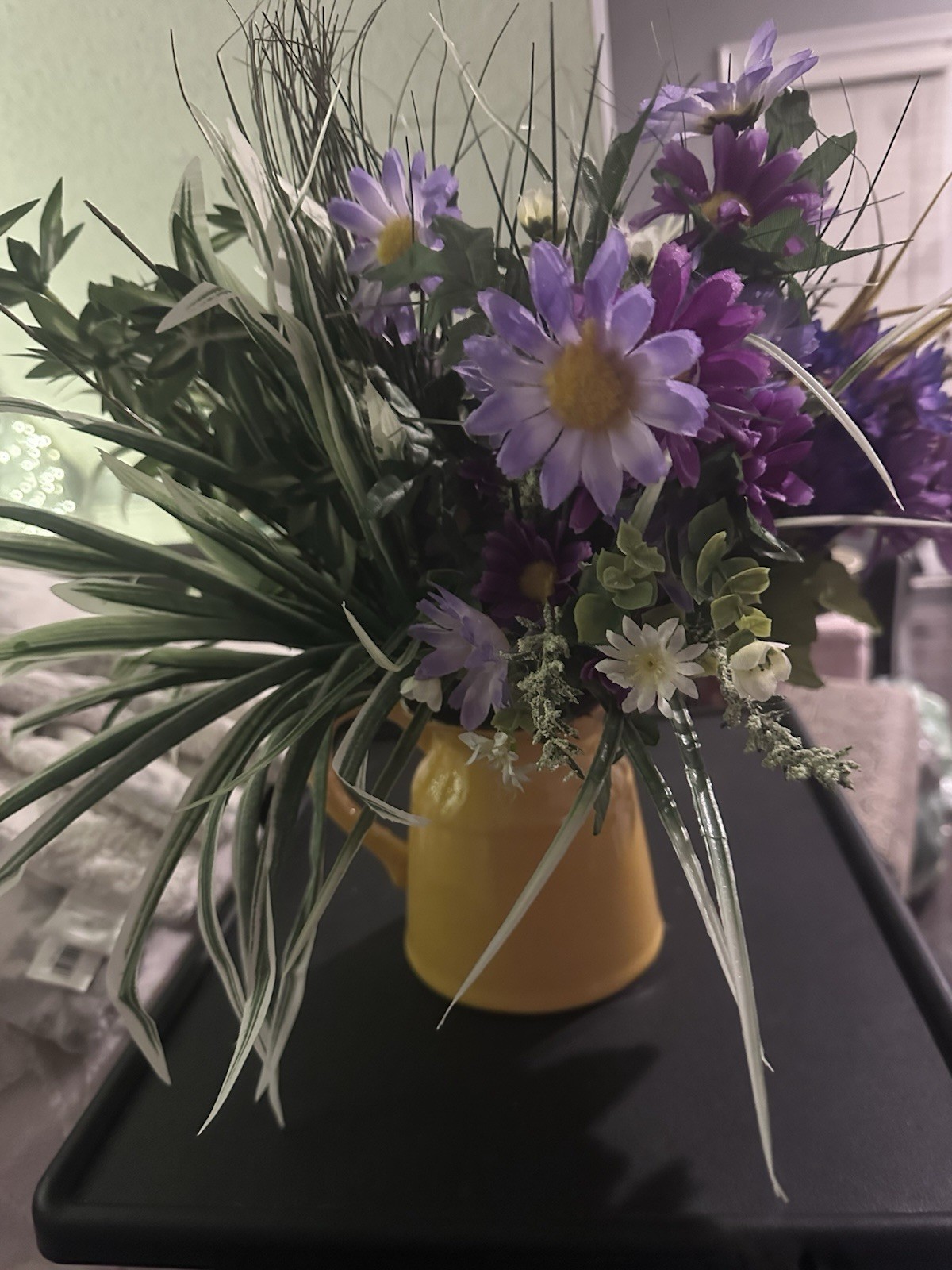 Artificial Multicolor Daisy Arrangement in Yellow Pitcher Vase