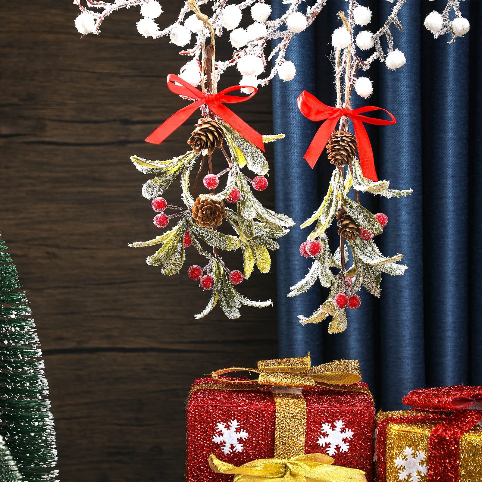 1 Piece Christmas Mistletoe Decor Artificial Mistletoe Ornament with Red Bow …