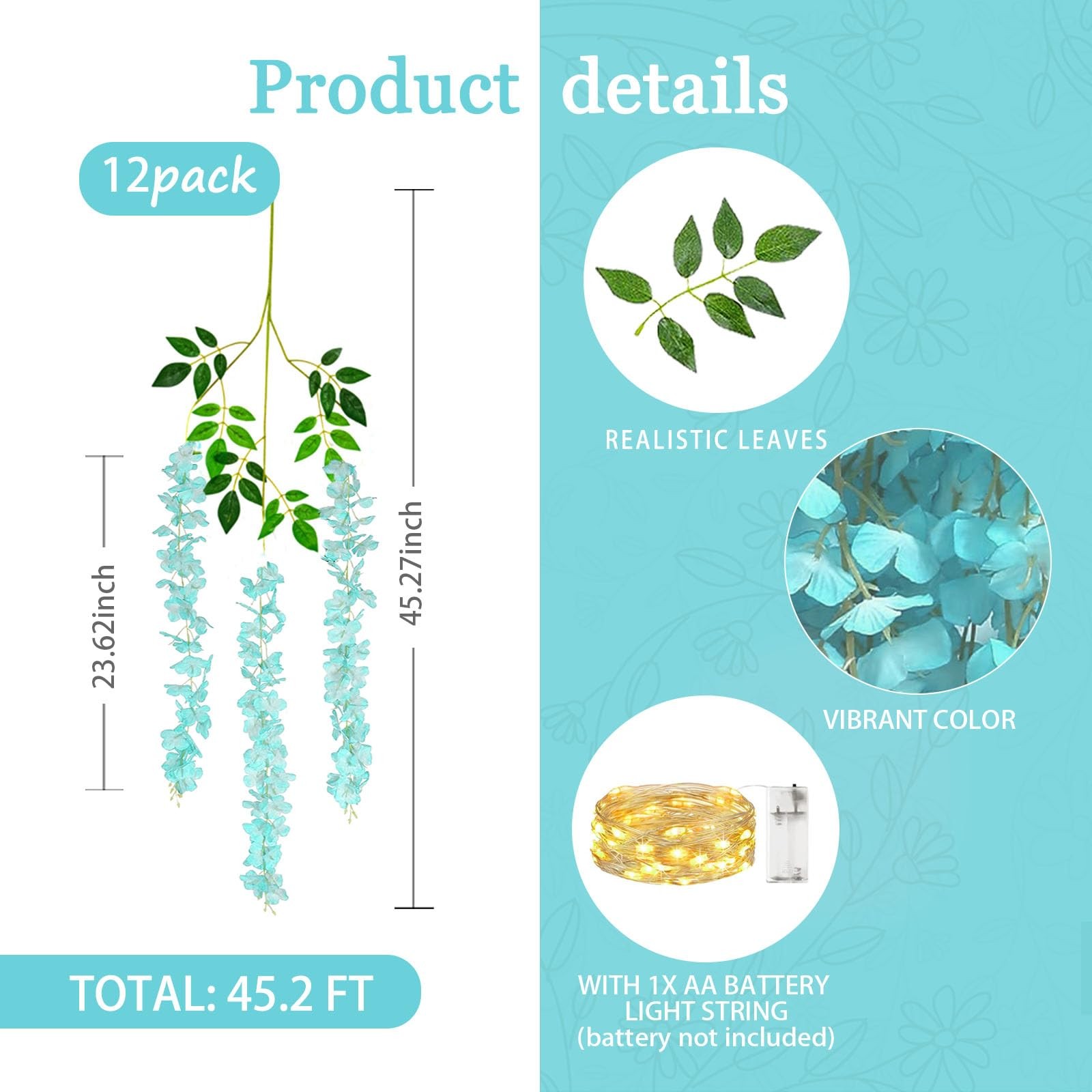 12 Pack Teal Wisteria Hanging Flowers Garland with Lights, 3.77 Feet Artifici…