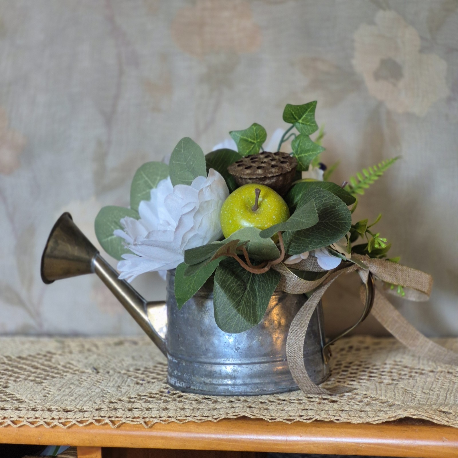 Floral Centerpiece, Vintage Metal Watering Can Cottagecore Faux Flowers