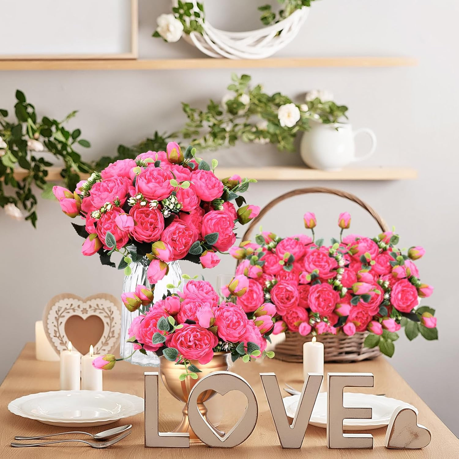 Hot Pink Silk Peony Flowers – 24 Bundles for Wedding & Party Decor