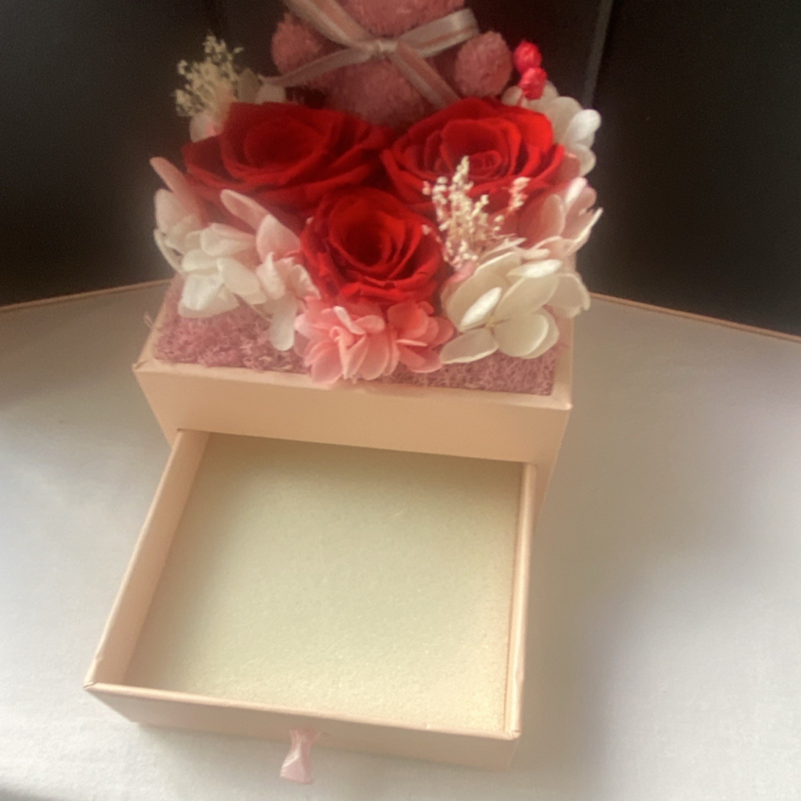 Artificial Rose Flower Box Arrangement w/ Pink Teddy Bear Love Theme 8″ x 5″
