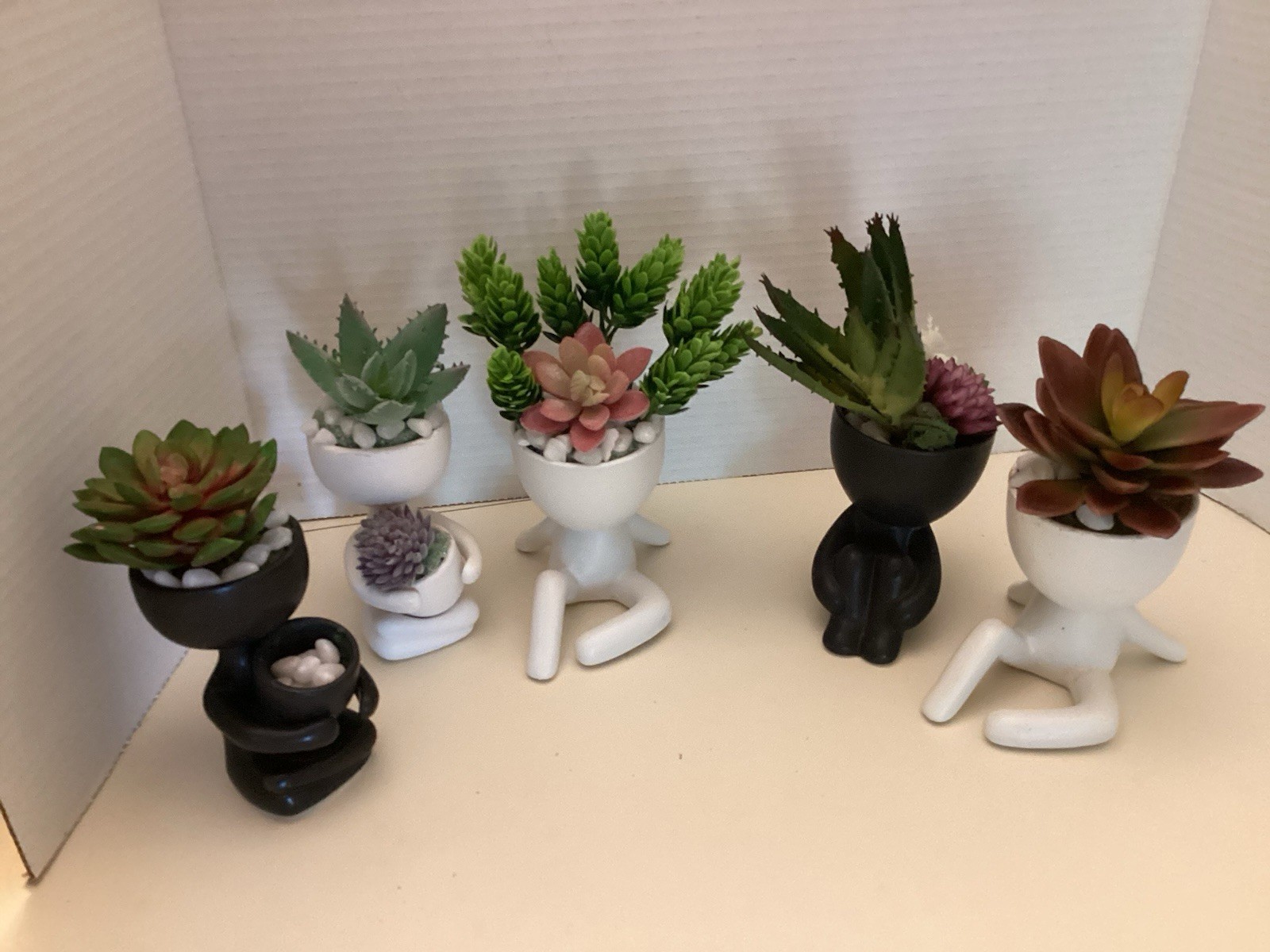 Faux Fake Succulents In Human Statue Pot Black & White Five