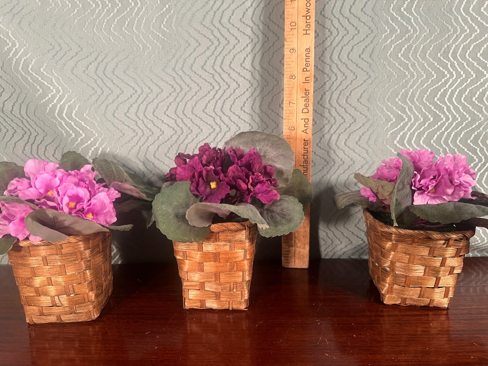 ARTIFICIAL SILK AFRICAN VIOLET – Pink & Purple with woven pot – (SET of 3) 6 in