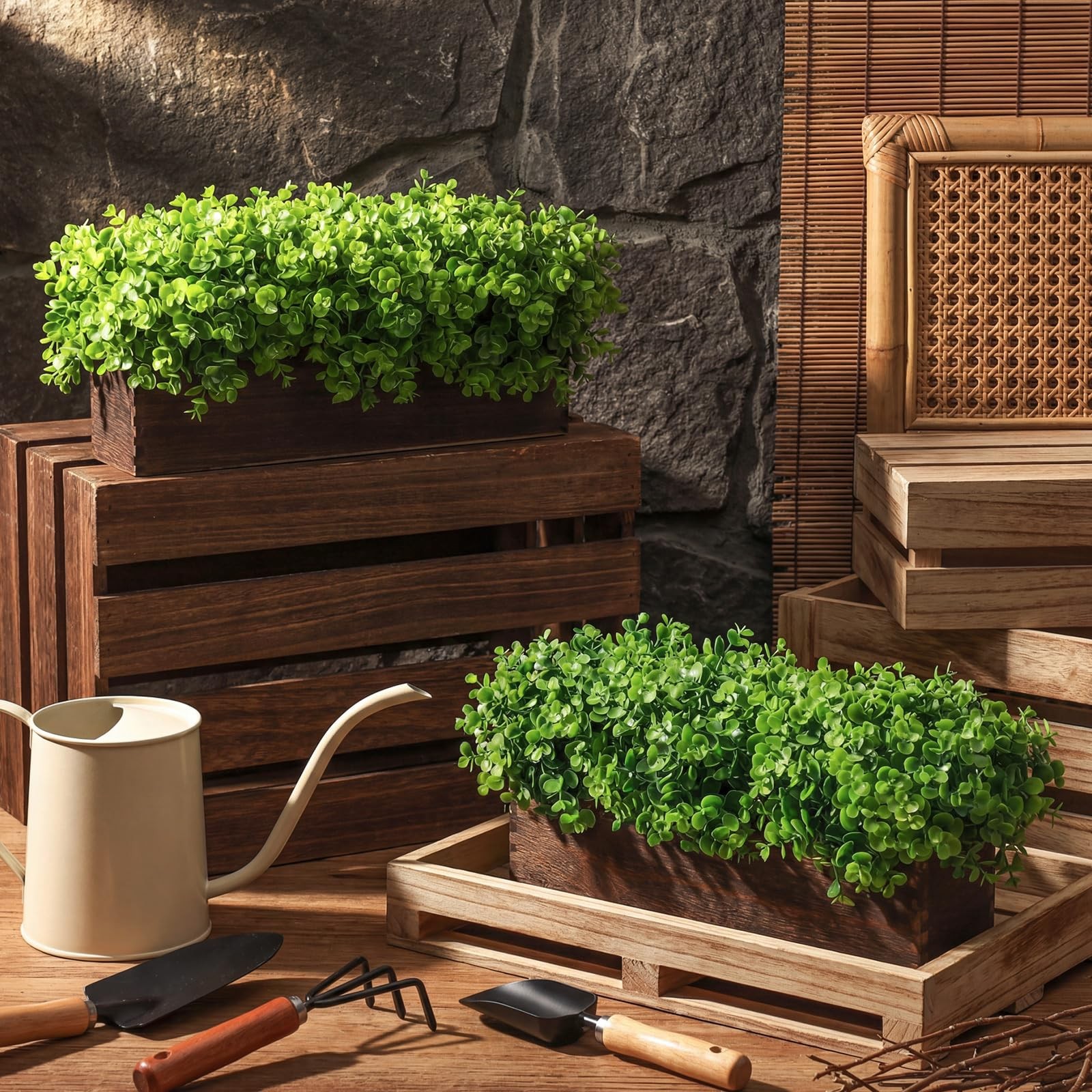 2 PCS Artificial Eucalyptus Plant Rustic Wood Planter Box Emerald 16×3.7×8.7