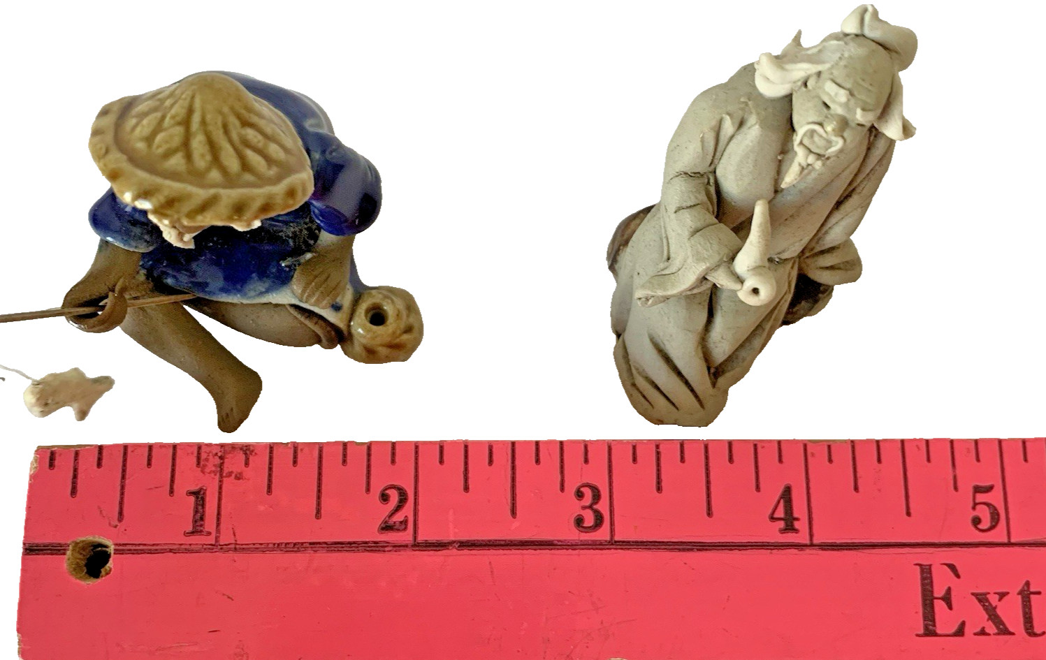 Vintage Lot of 3 Pcs Glazed Pagoda 2 Chinese Mudmen Mud Figure Fishermen Bonsai
